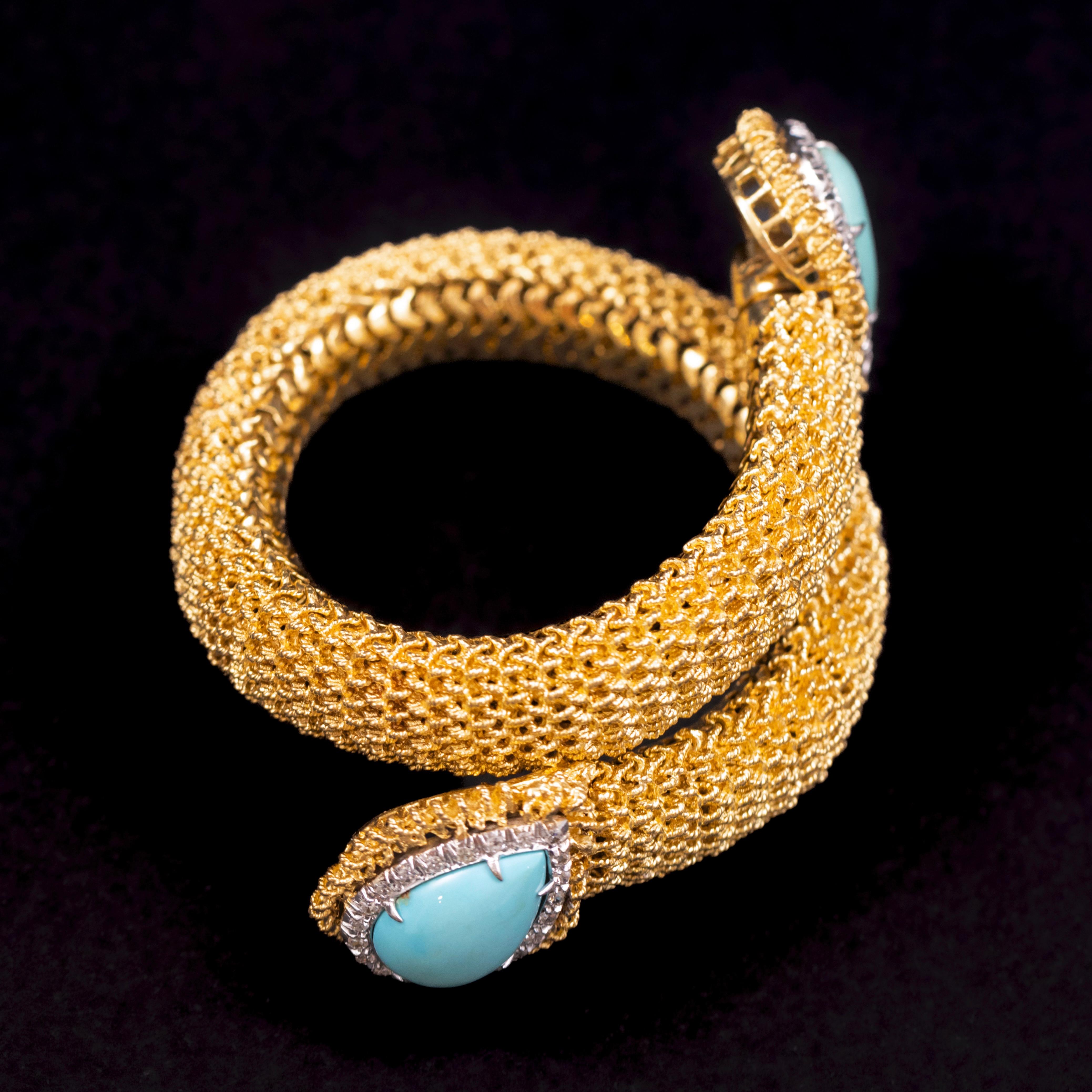 Vintage Turquoise Diamond Toi-et-Moi Crossover Bracelet Yellow Gold 1960s 1970s im Angebot 7