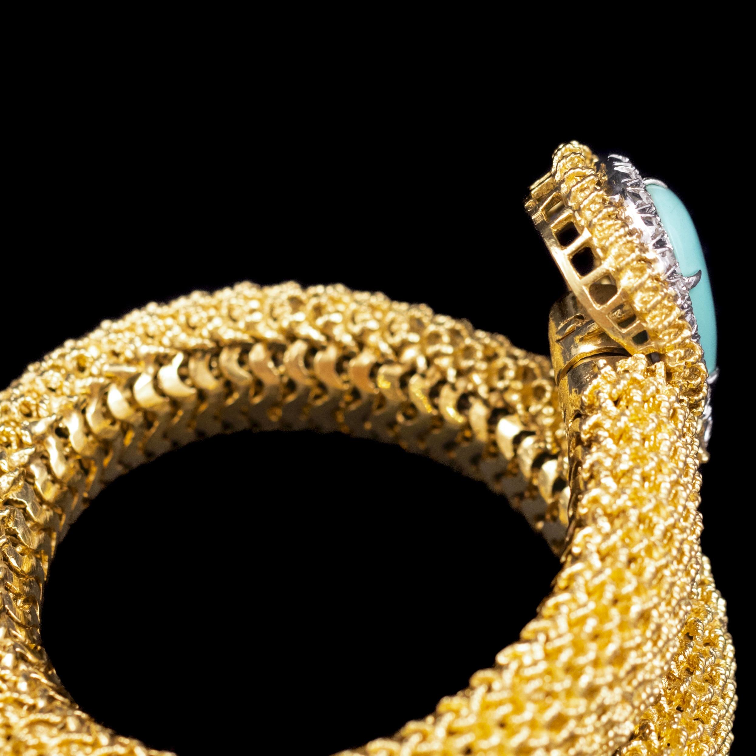 Vintage Turquoise Diamond Toi-et-Moi Crossover Bracelet Yellow Gold 1960s 1970s im Angebot 8