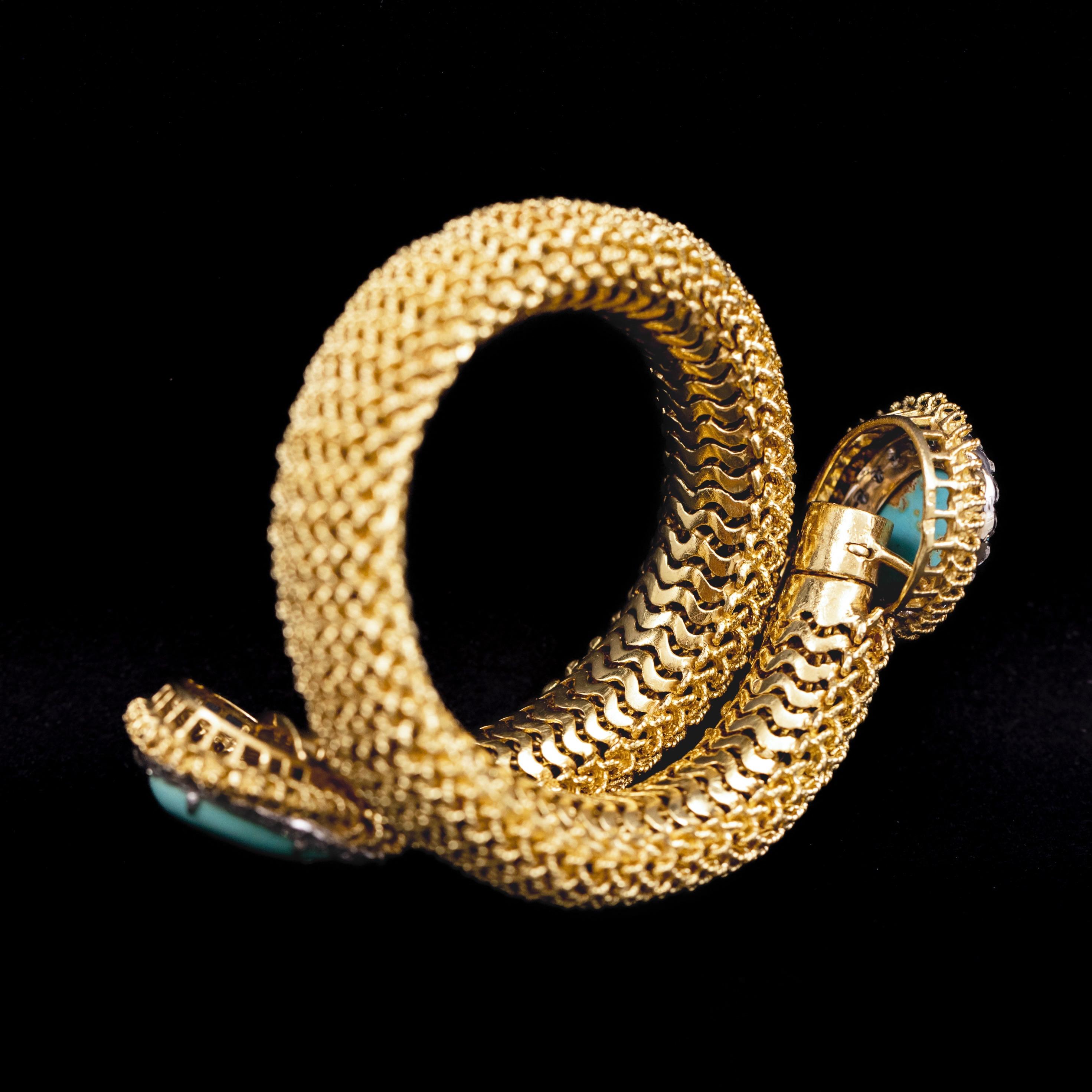 Vintage Turquoise Diamond Toi-et-Moi Crossover Bracelet Yellow Gold 1960s 1970s im Angebot 9