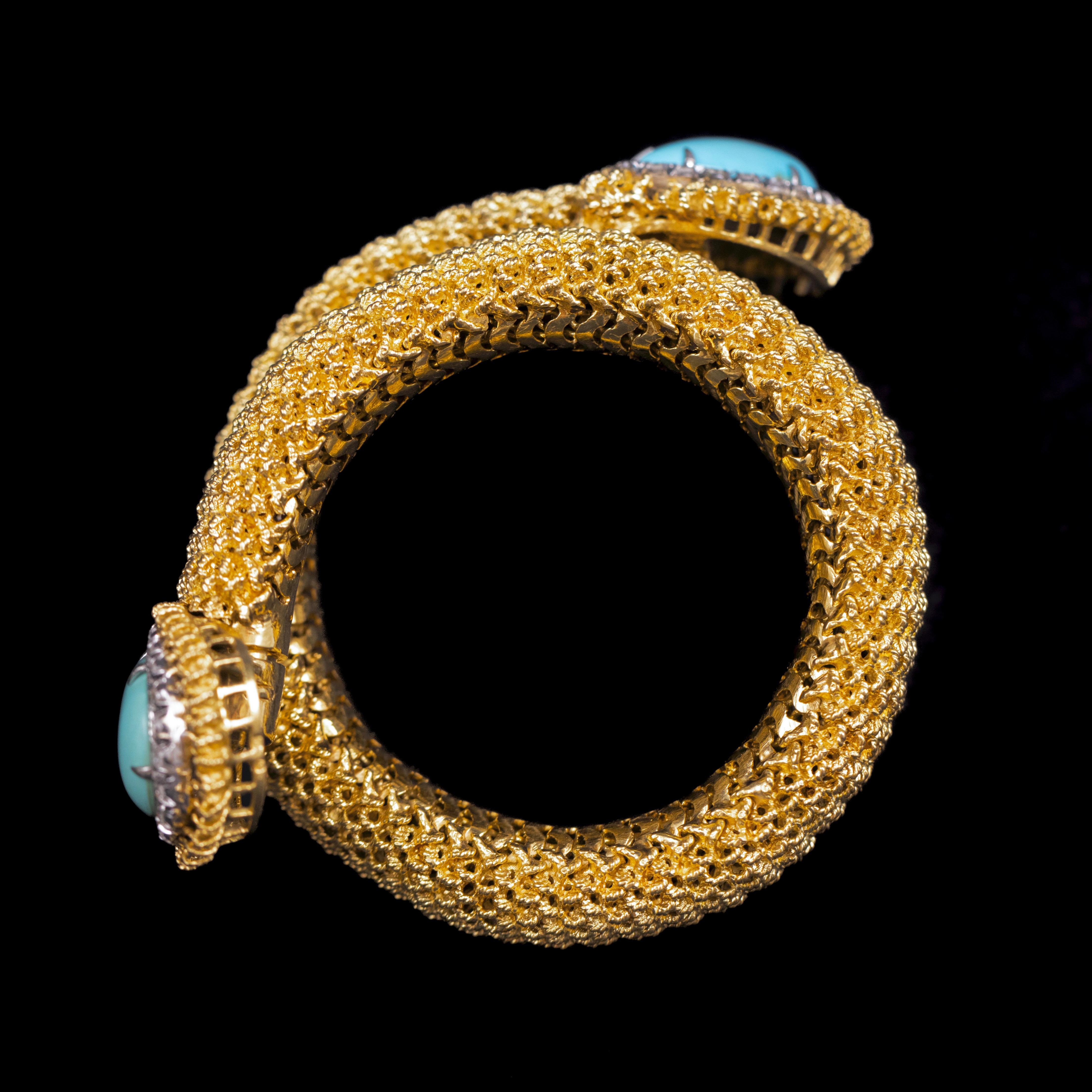 Vintage Turquoise Diamond Toi-et-Moi Crossover Bracelet Yellow Gold 1960s 1970s im Angebot 10