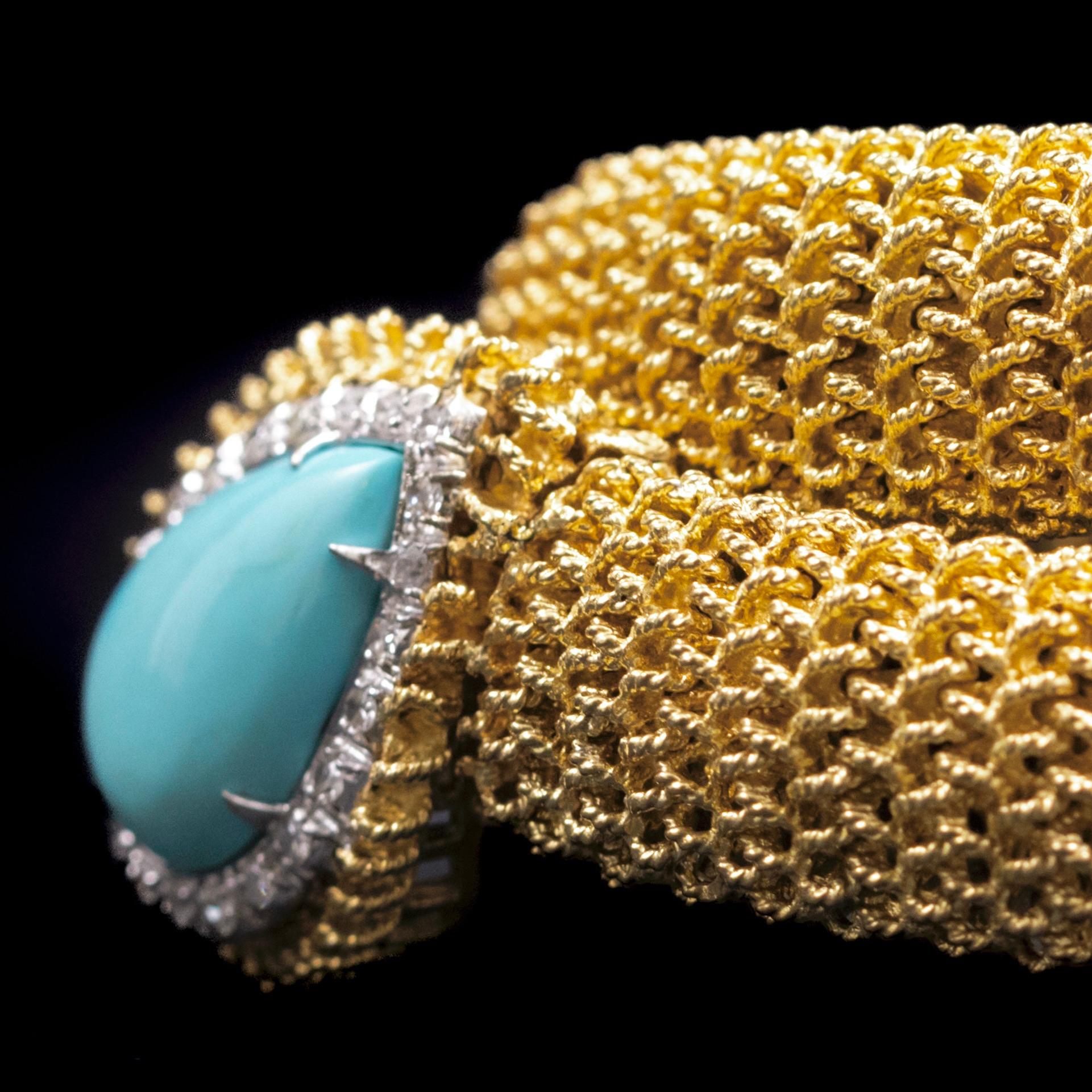 Vintage Turquoise Diamond Toi-et-Moi Crossover Bracelet Yellow Gold 1960s 1970s (Moderne) im Angebot