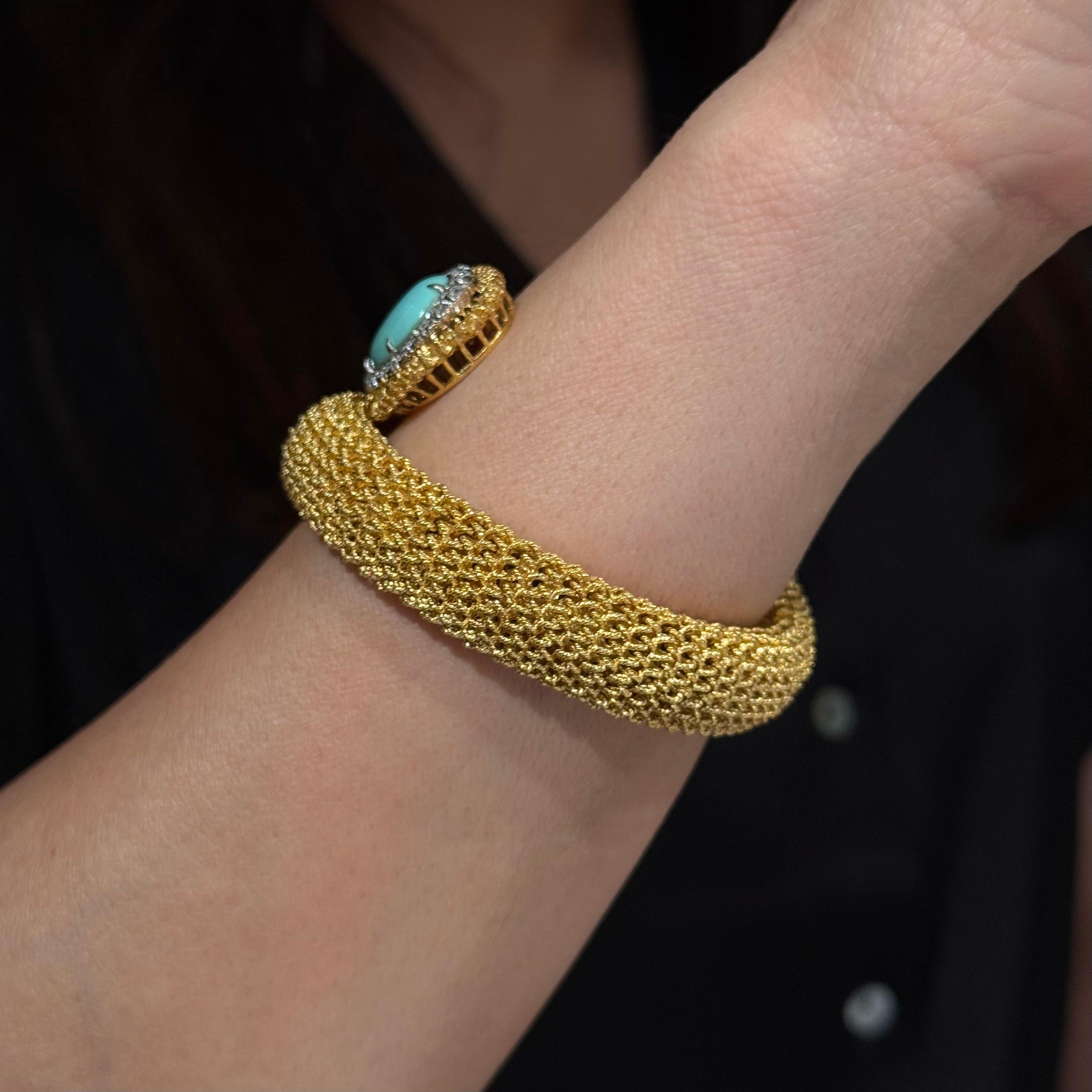 Vintage Turquoise Diamond Toi-et-Moi Crossover Bracelet Yellow Gold 1960s 1970s im Angebot 1