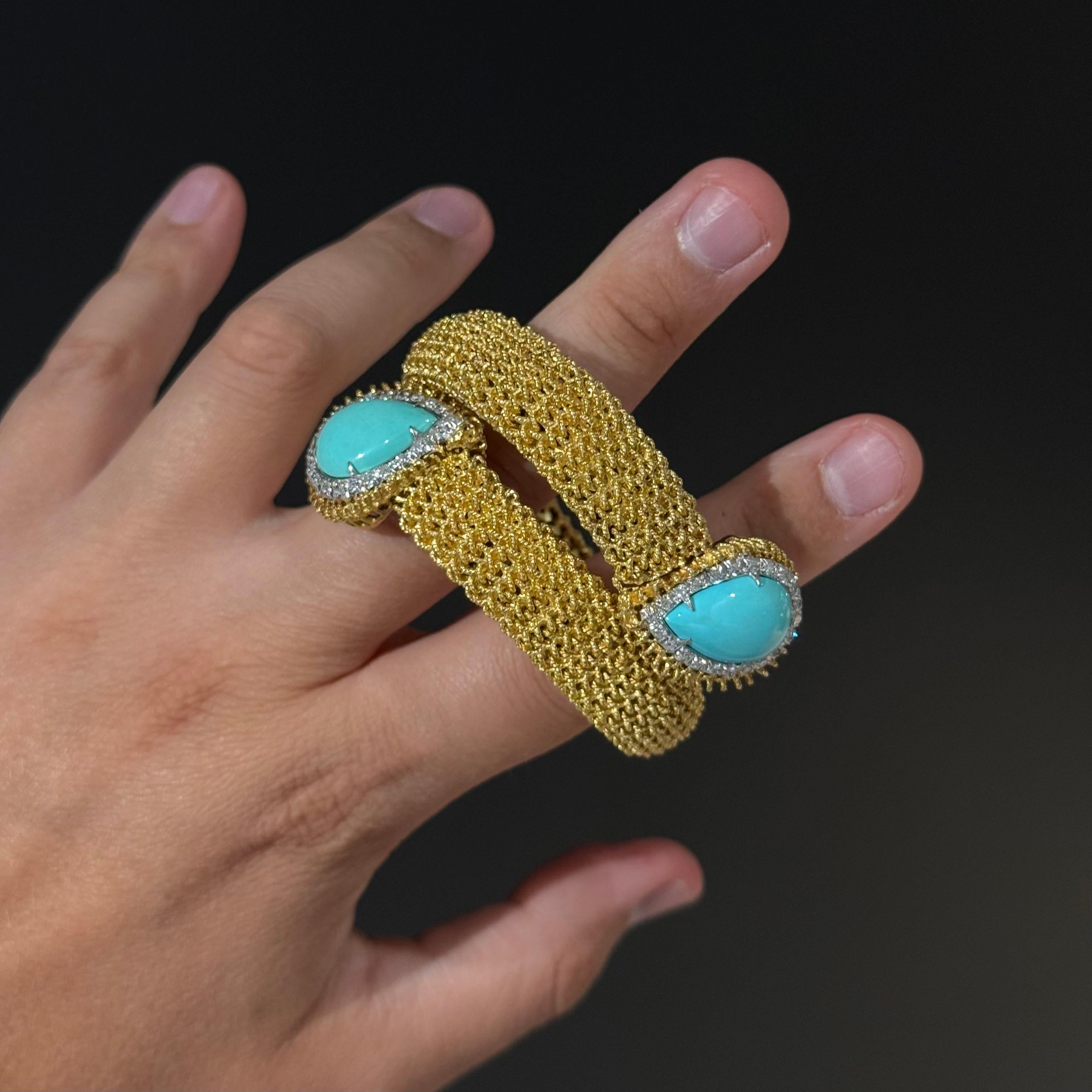 Vintage Turquoise Diamond Toi-et-Moi Crossover Bracelet Yellow Gold 1960s 1970s im Angebot 2
