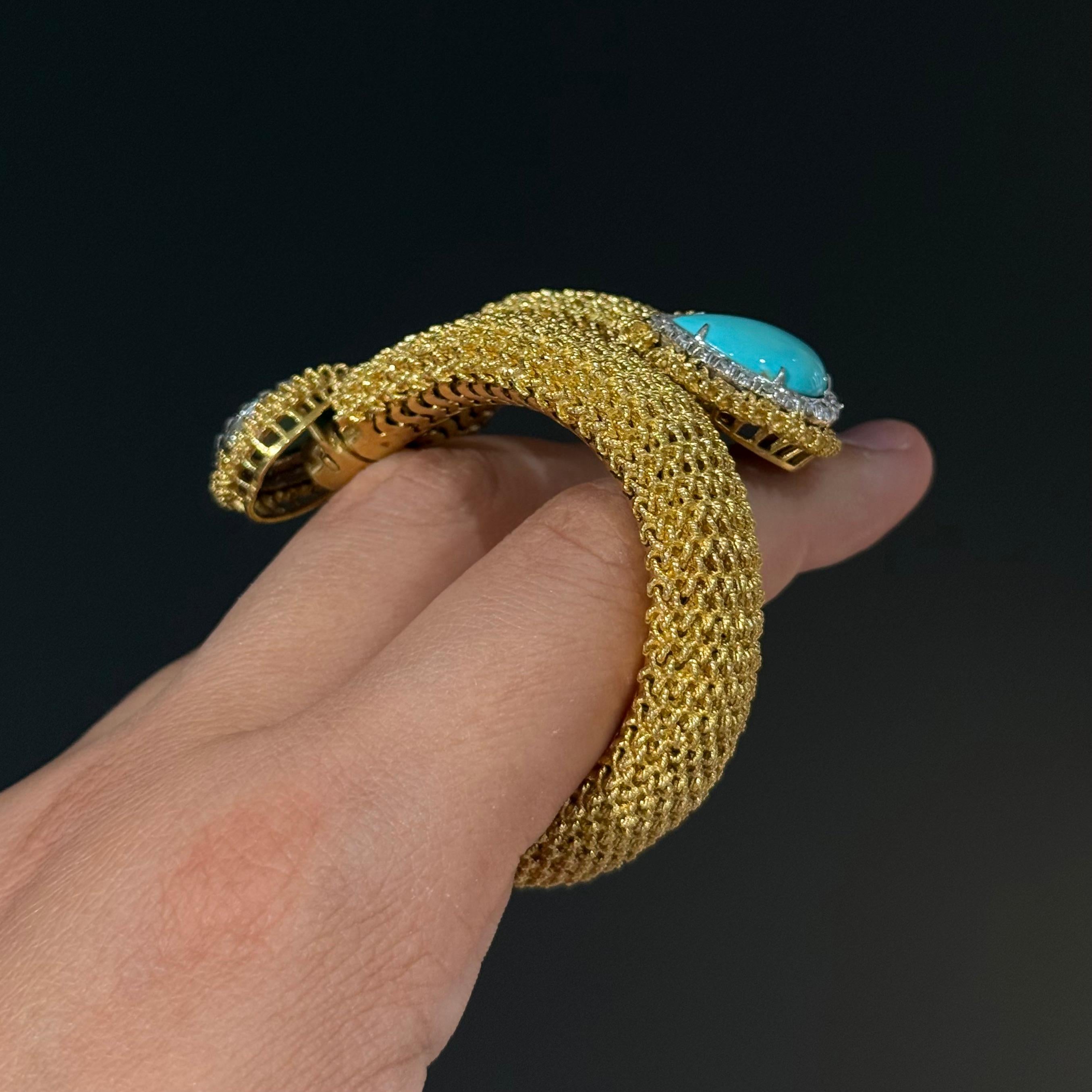 Vintage Turquoise Diamond Toi-et-Moi Crossover Bracelet Yellow Gold 1960s 1970s im Angebot 3
