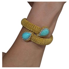 Vintage Turquoise Diamond Toi-et-Moi Crossover Bracelet Yellow Gold 1960s 1970s