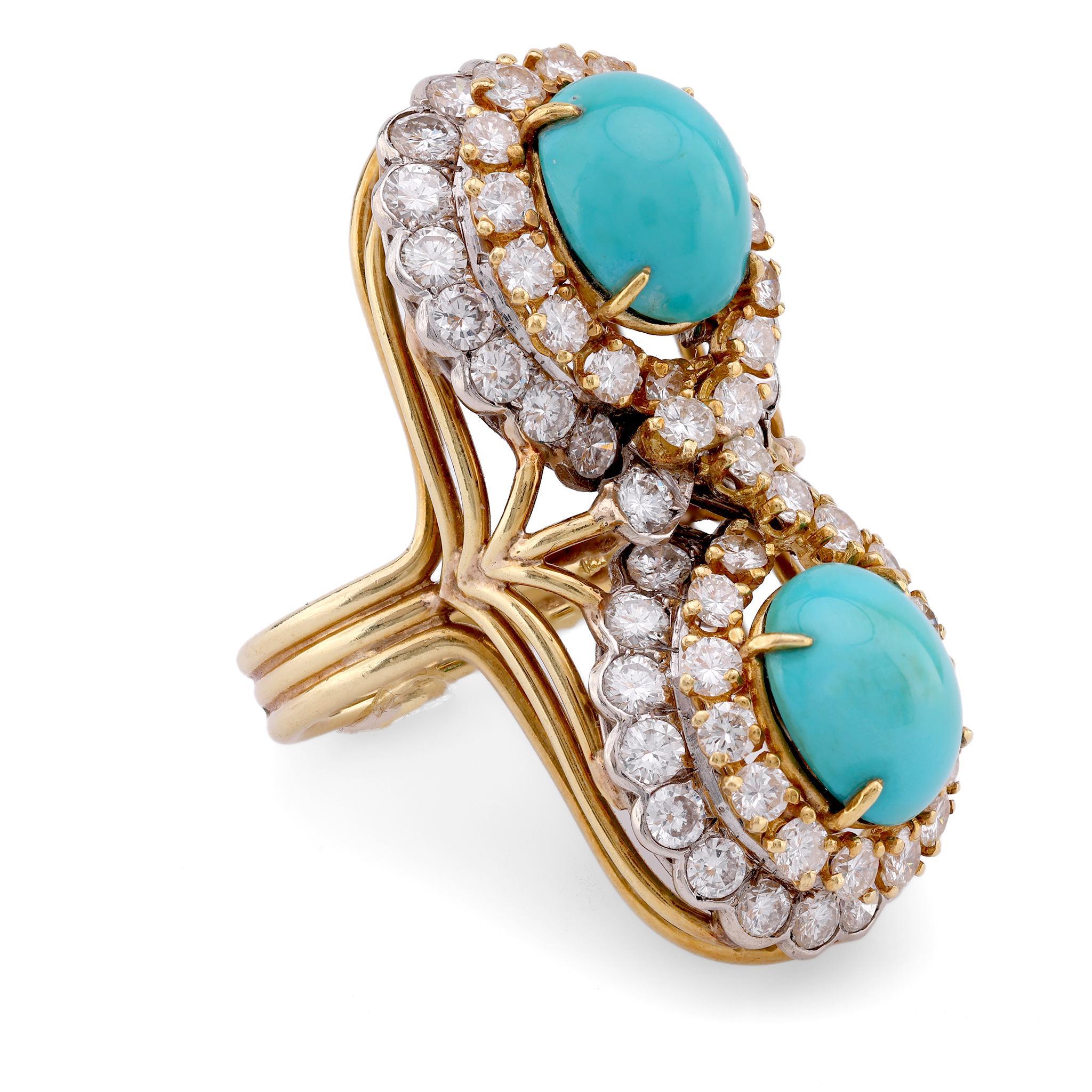 Cabochon Vintage Turquoise Diamond Yellow and White Gold Toi Et Moi Ring