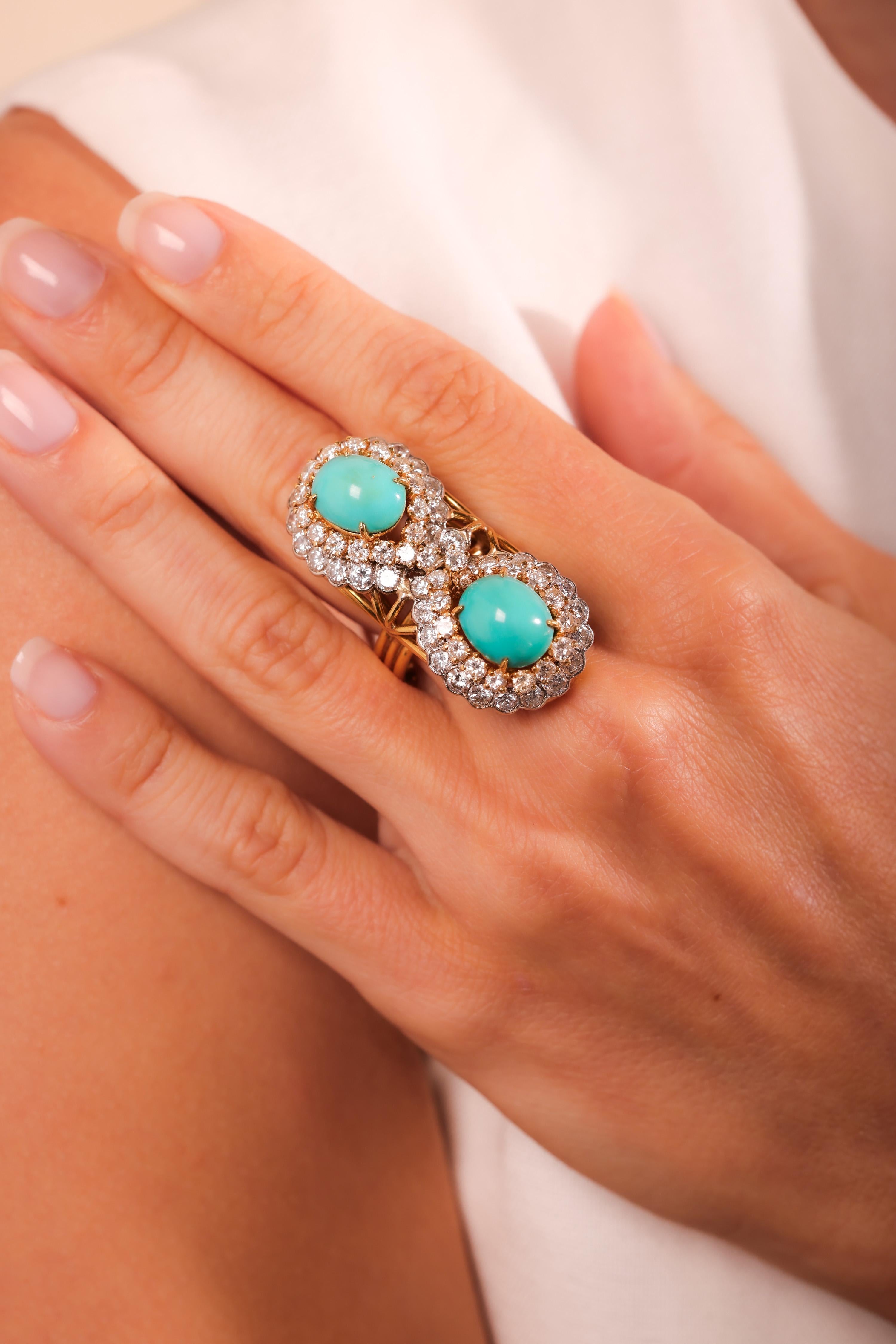 Vintage Turquoise Diamond Yellow and White Gold Toi Et Moi Ring In Excellent Condition In Beverly Hills, CA