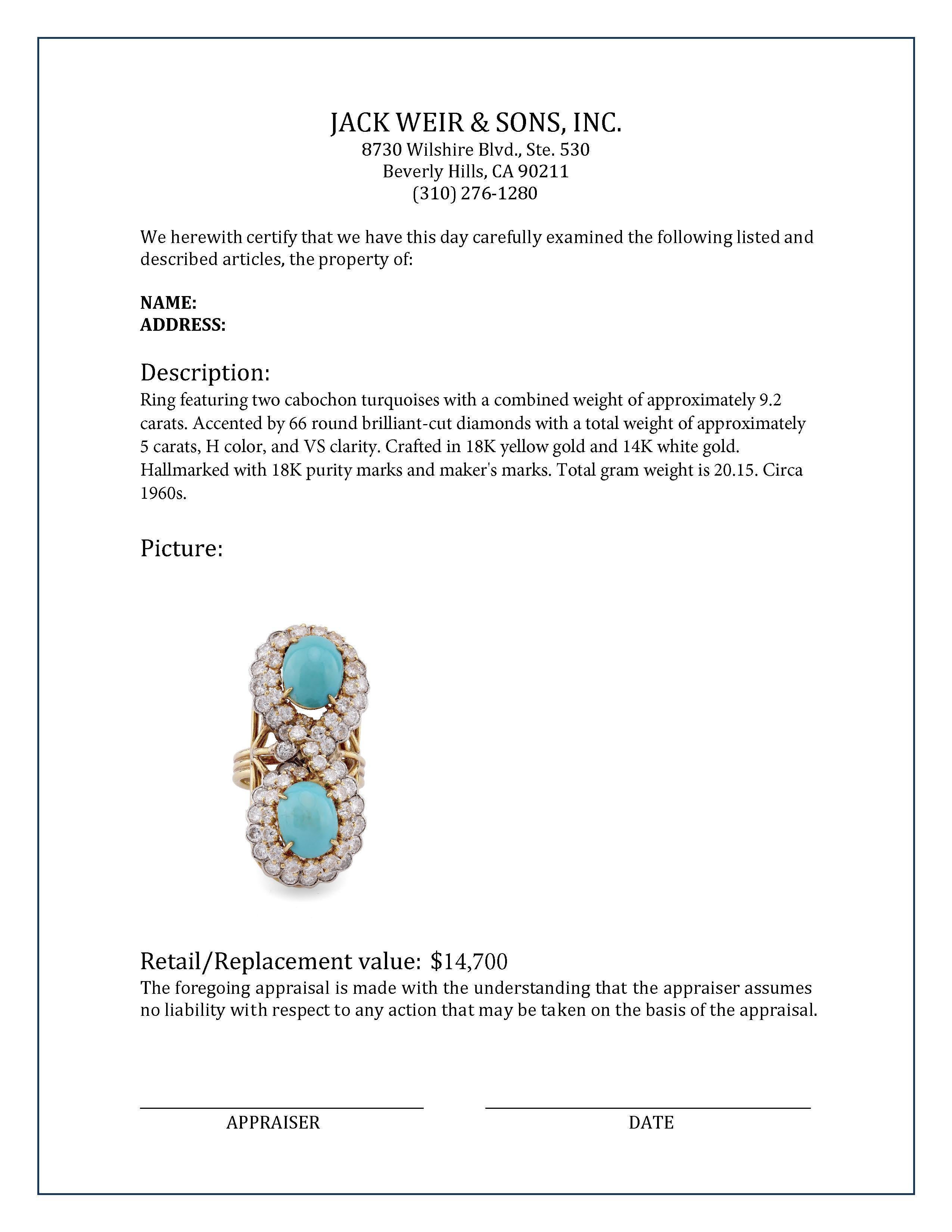 Women's or Men's Vintage Turquoise Diamond Yellow and White Gold Toi Et Moi Ring
