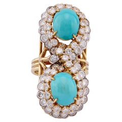 Vintage Turquoise Diamond Yellow and White Gold Toi Et Moi Ring