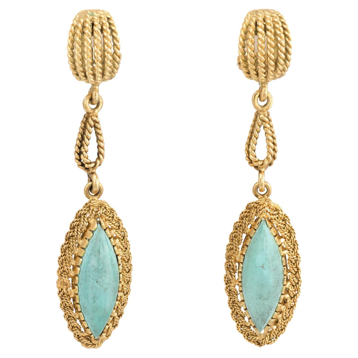 Vintage Turquoise Drop Earrings 18k Yellow Gold Rope Design Dangle Estate Fine For Sale
