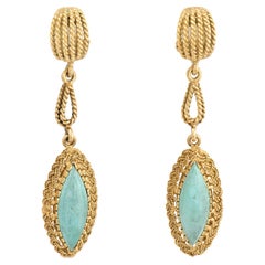 Vintage Turquoise Drop Earrings 18k Yellow Gold Rope Design Dangle Estate Fine