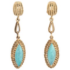 Vintage Turquoise Drop Earrings 22k Yellow Gold Rope Design Dangle Estate Fine