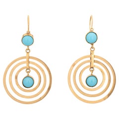 Vintage Turquoise Earrings 18k Yellow Gold Movable Concentric Drops 2 Inch