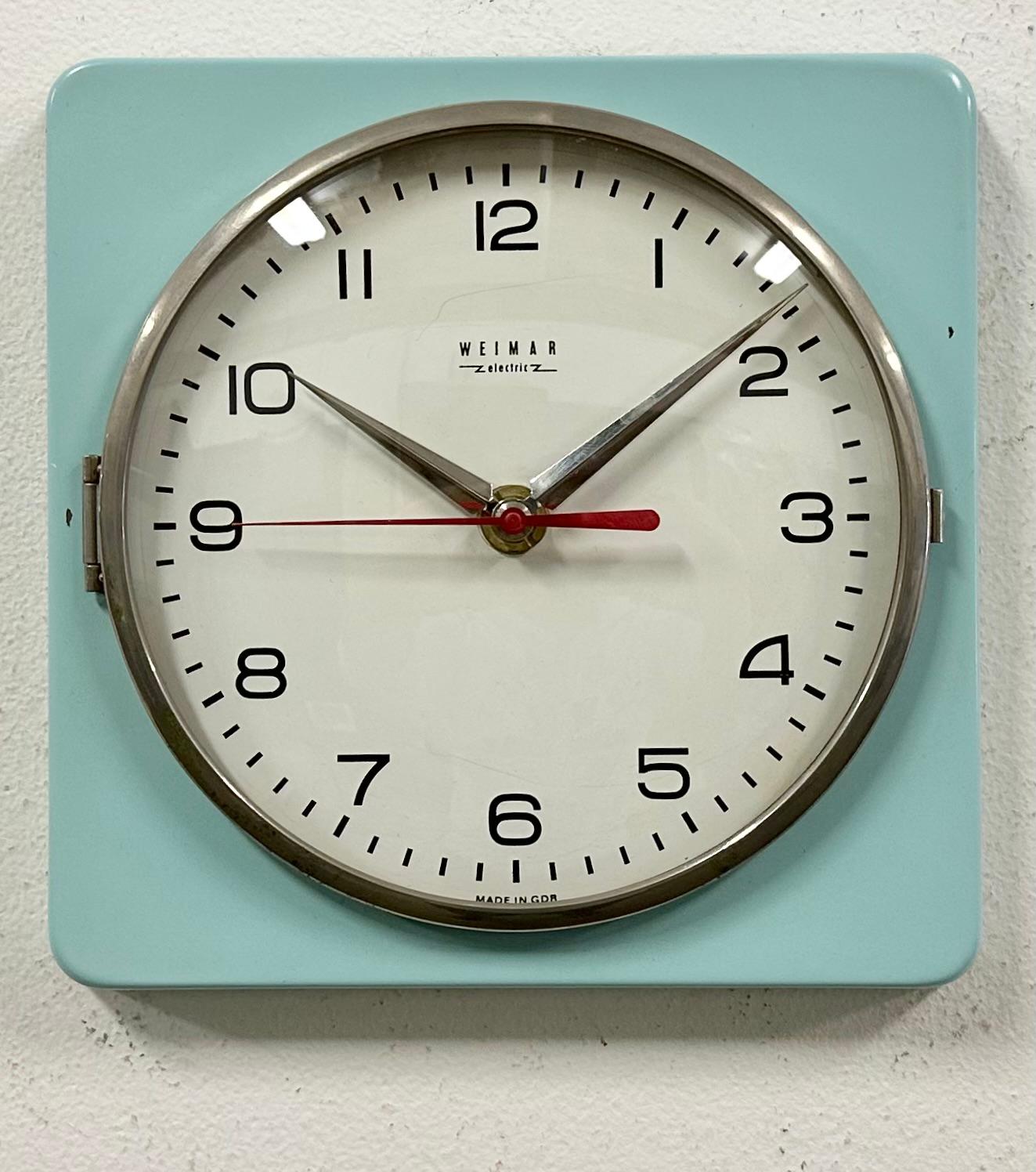 Industrial Vintage Turquoise East German Wall Clock from Weimar Electronic , 1970s For Sale
