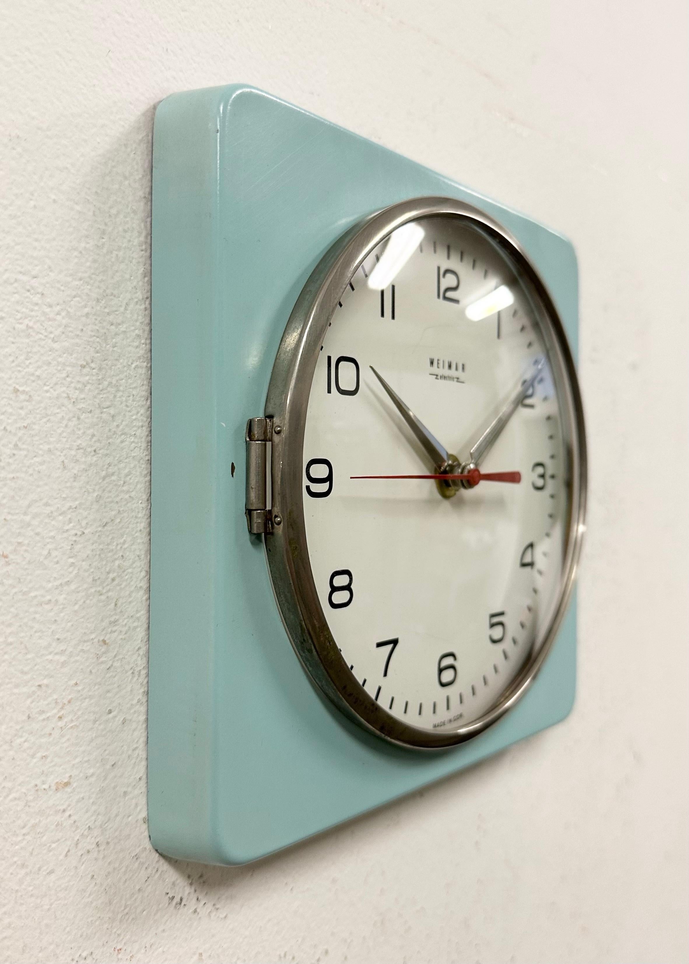 Late 20th Century Vintage Turquoise East German Wall Clock from Weimar Electronic , 1970s For Sale