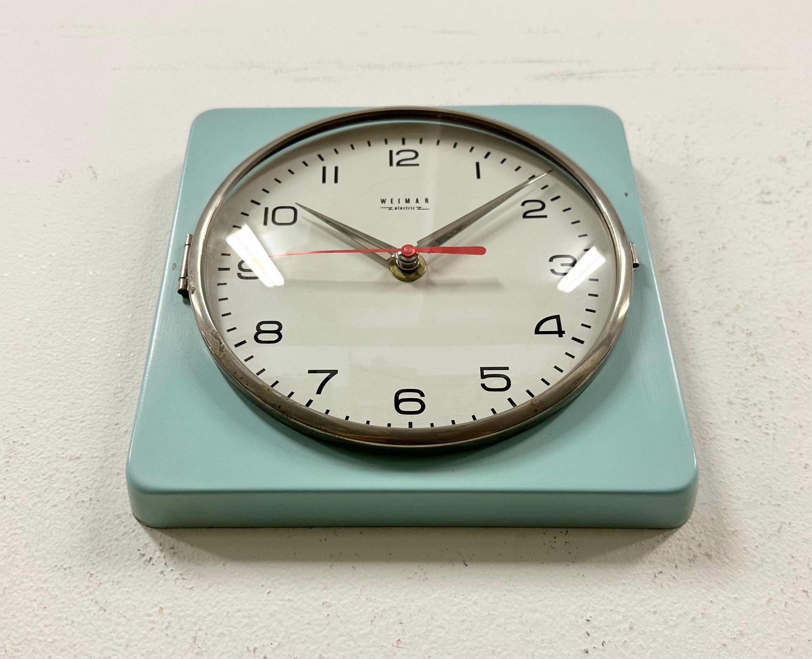 Glass Vintage Turquoise East German Wall Clock from Weimar Electronic , 1970s For Sale
