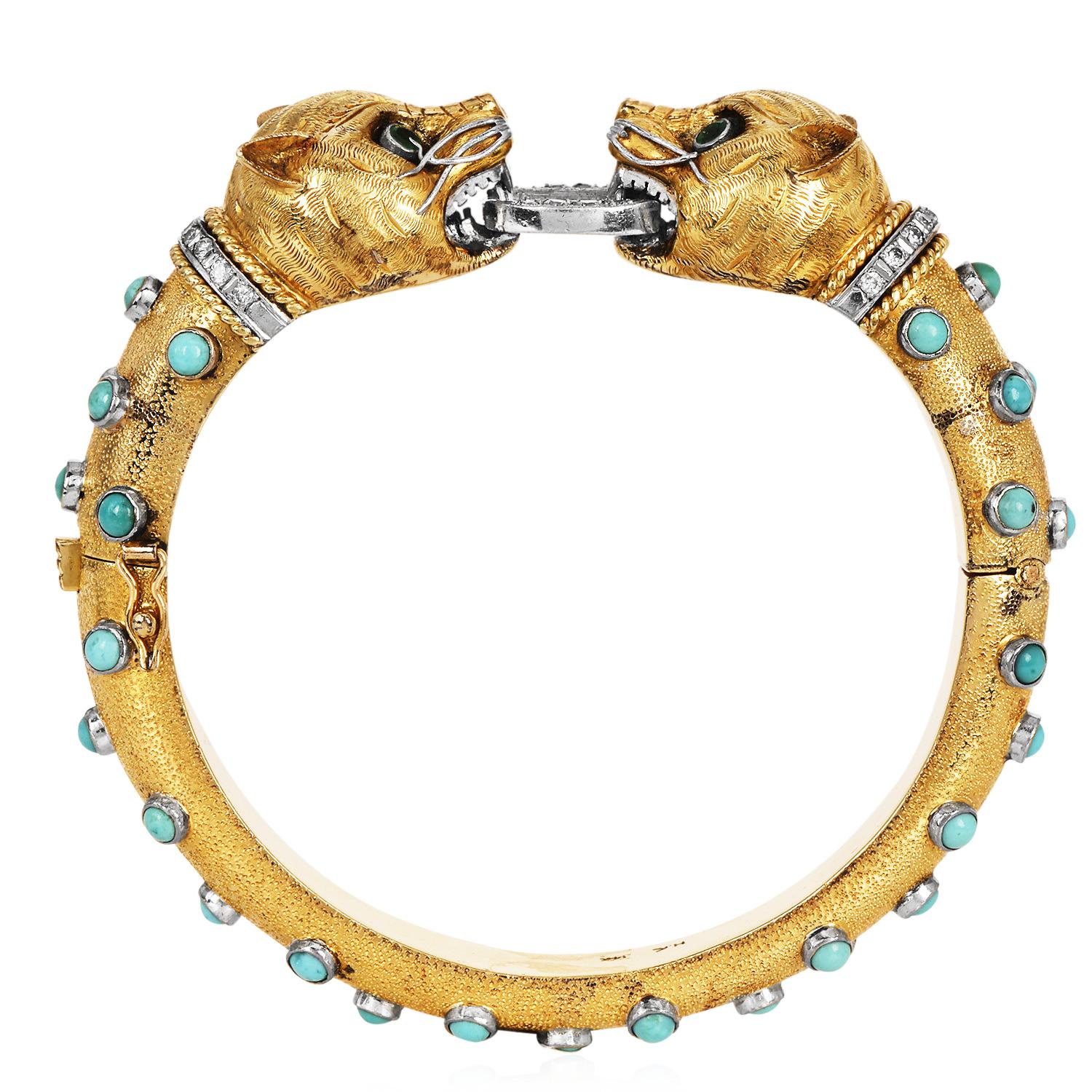 Retro Vintage Turquoise Emerald Diamond 14K Gold Panther Head Bangle Bracelet