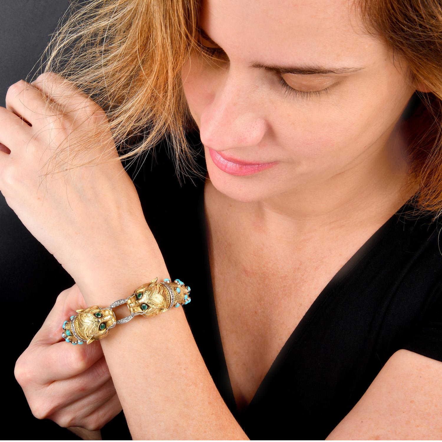 Cabochon Vintage Turquoise Emerald Diamond 14K Gold Panther Head Bangle Bracelet