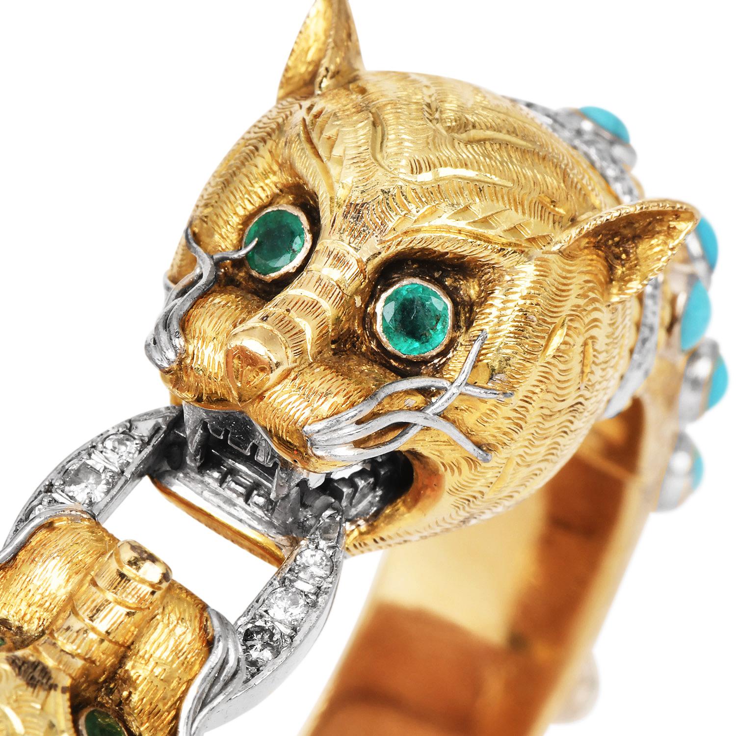 Vintage Turquoise Emerald Diamond 14K Gold Panther Head Bangle Bracelet In Excellent Condition In Miami, FL