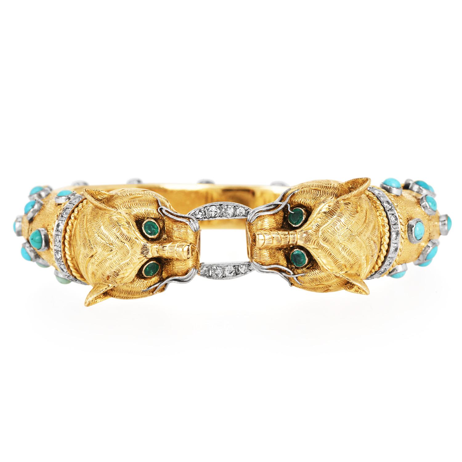 Women's Vintage Turquoise Emerald Diamond 14K Gold Panther Head Bangle Bracelet