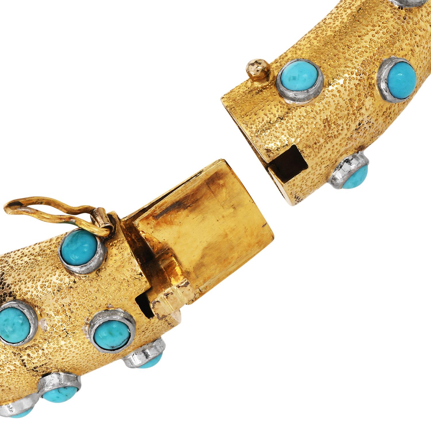 Vintage Turquoise Emerald Diamond 14K Gold Panther Head Bangle Bracelet 2