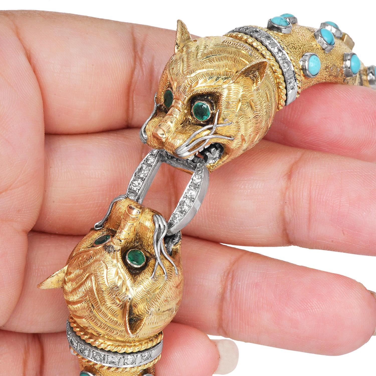 Vintage Turquoise Emerald Diamond 14K Gold Panther Head Bangle Bracelet 3