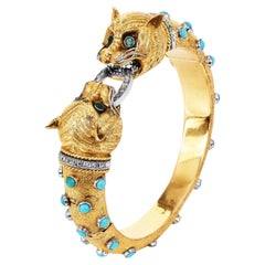 Vintage Turquoise Emerald Diamond 14K Gold Panther Head Bangle Bracelet