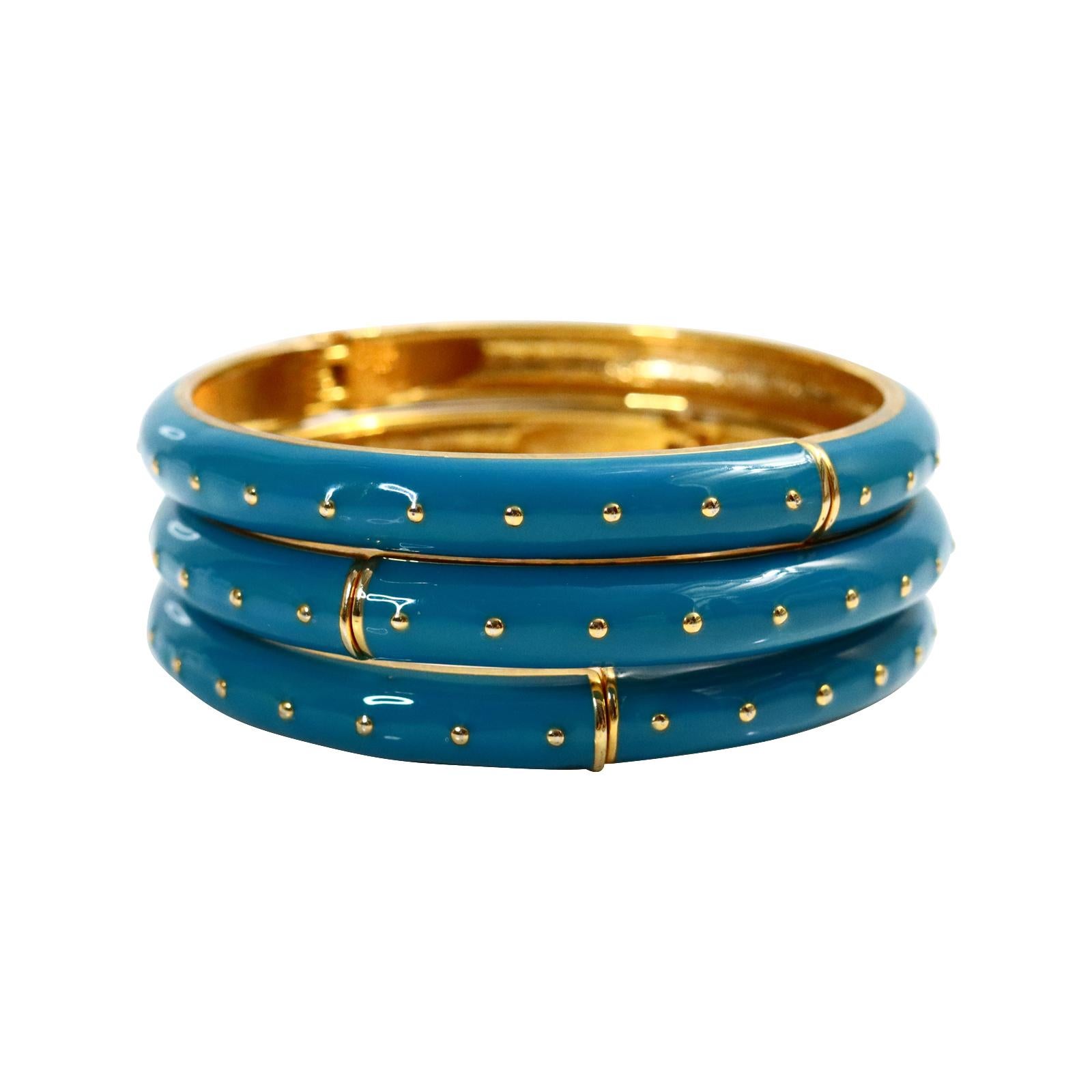 Contemporary Vintage Turquoise Enamel and Gold Clamper Set of 3 Bracelets, circa 1990s For Sale