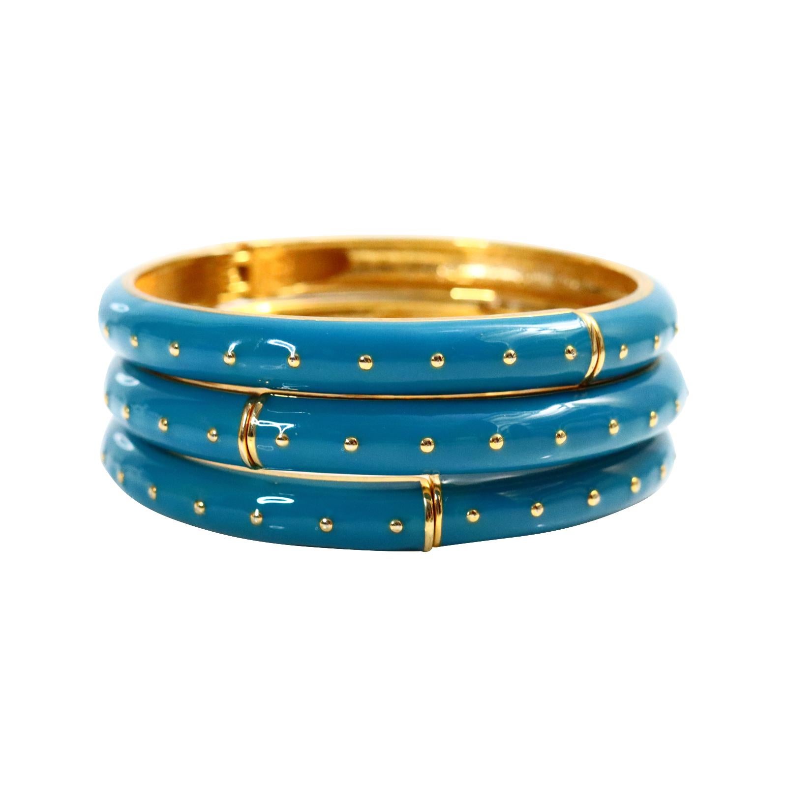 Vintage Turquoise Enamel and Gold Clamper Set of 3 Bracelets, circa 1990s In Good Condition For Sale In New York, NY