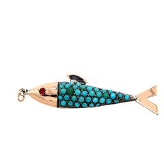 Vintage Turquoise Fish Charm/Pendant set in 9ct Yellow Gold with Ruby as an Eye