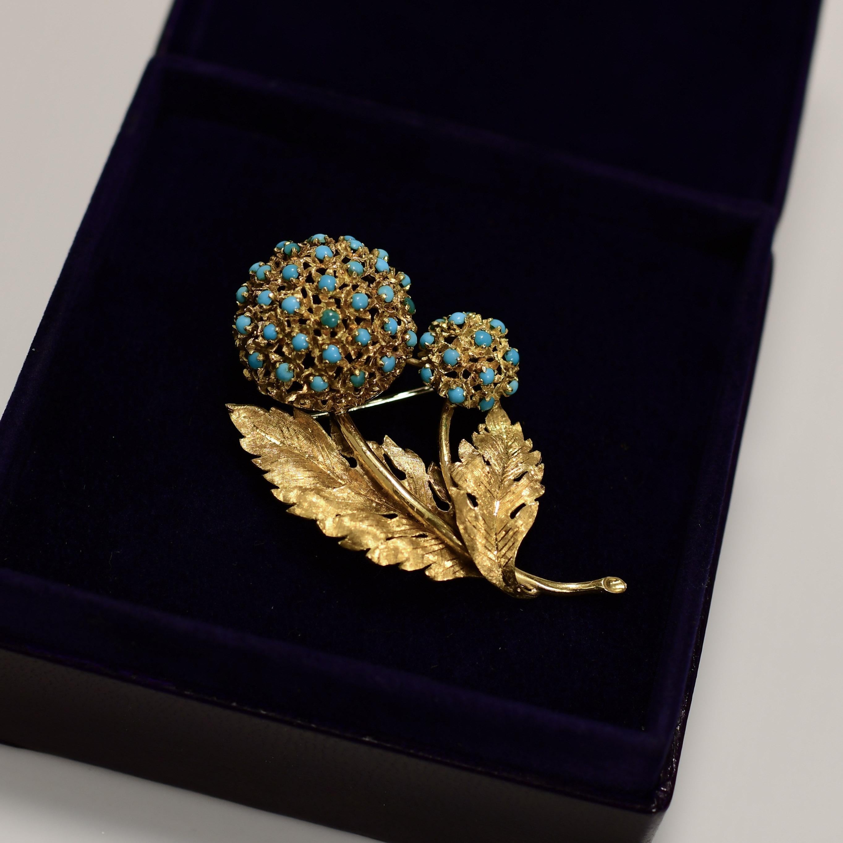 Art Nouveau Vintage Turquoise Floral Brooch 18K Gold