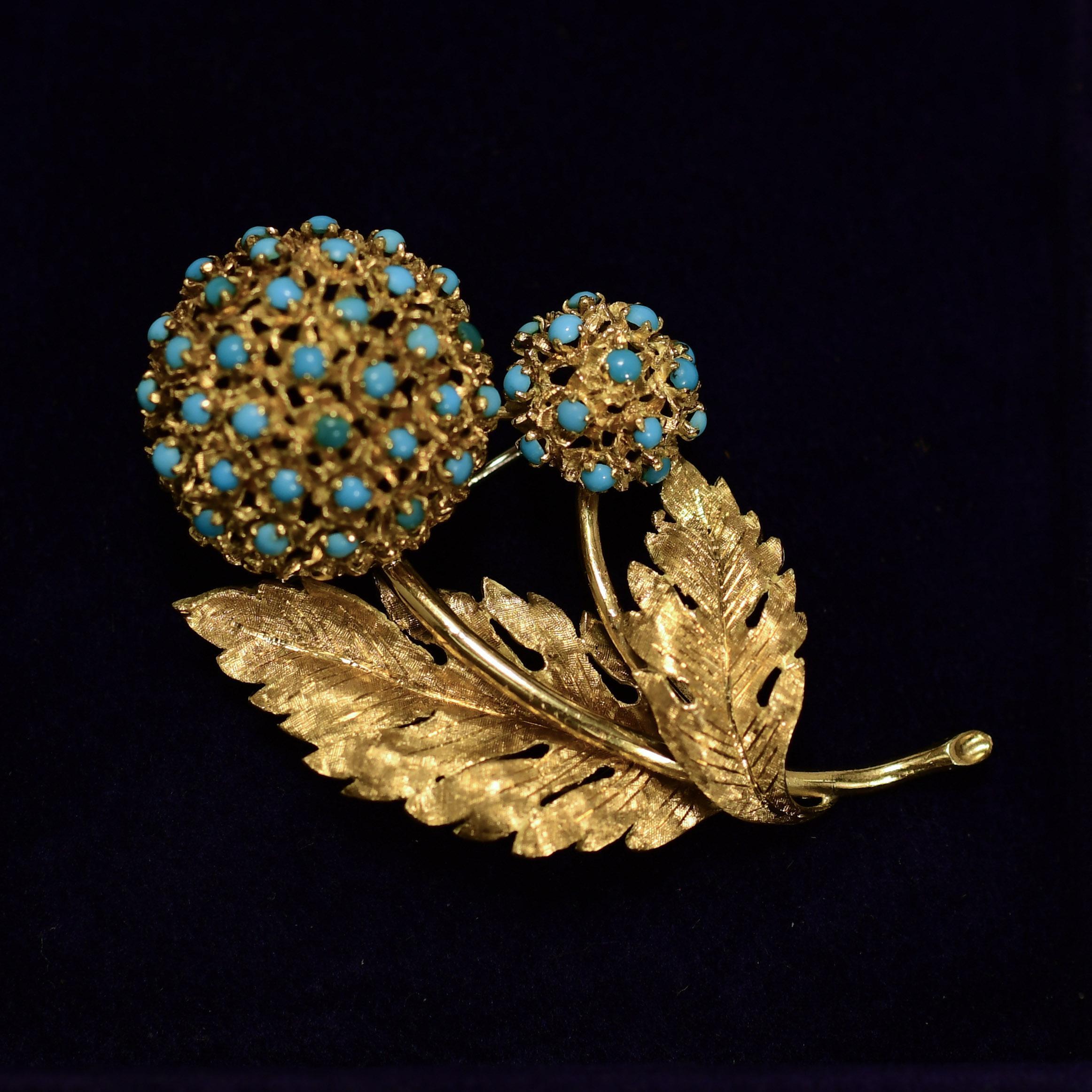 Cabochon Vintage Turquoise Floral Brooch 18K Gold