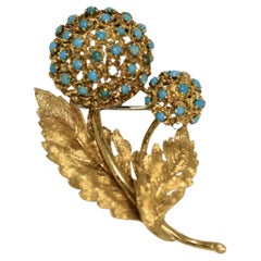 Broche florale vintage turquoise en or 18 carats