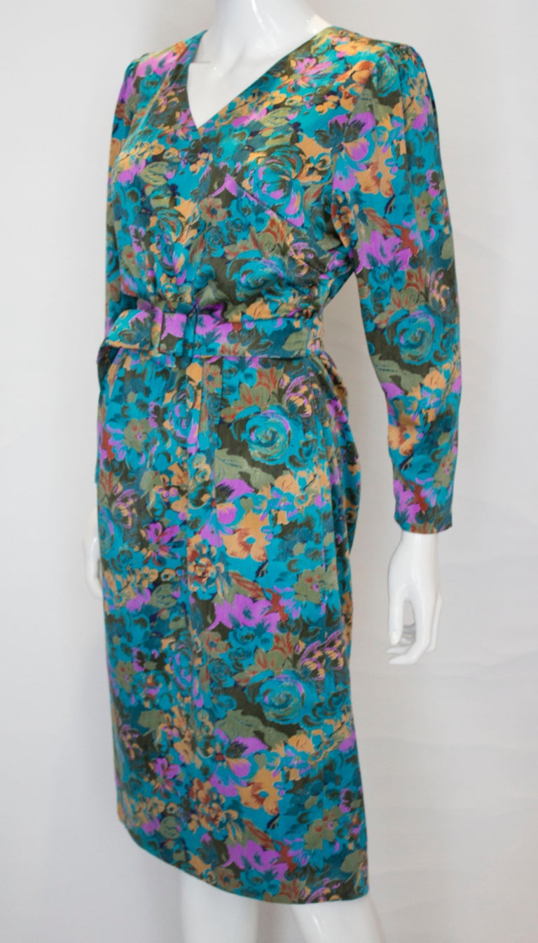 Vintage Turquoise Floral Silk /Satin Dress For Sale at 1stDibs ...