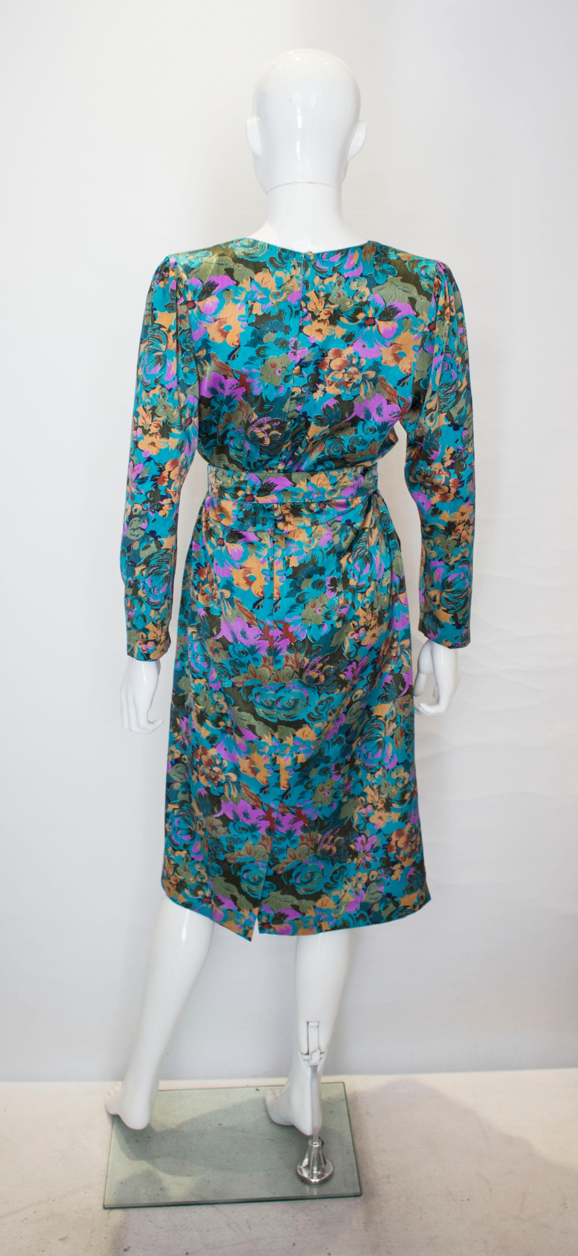 Vintage Turquoise Floral Silk /Satin  Dress In Good Condition For Sale In London, GB