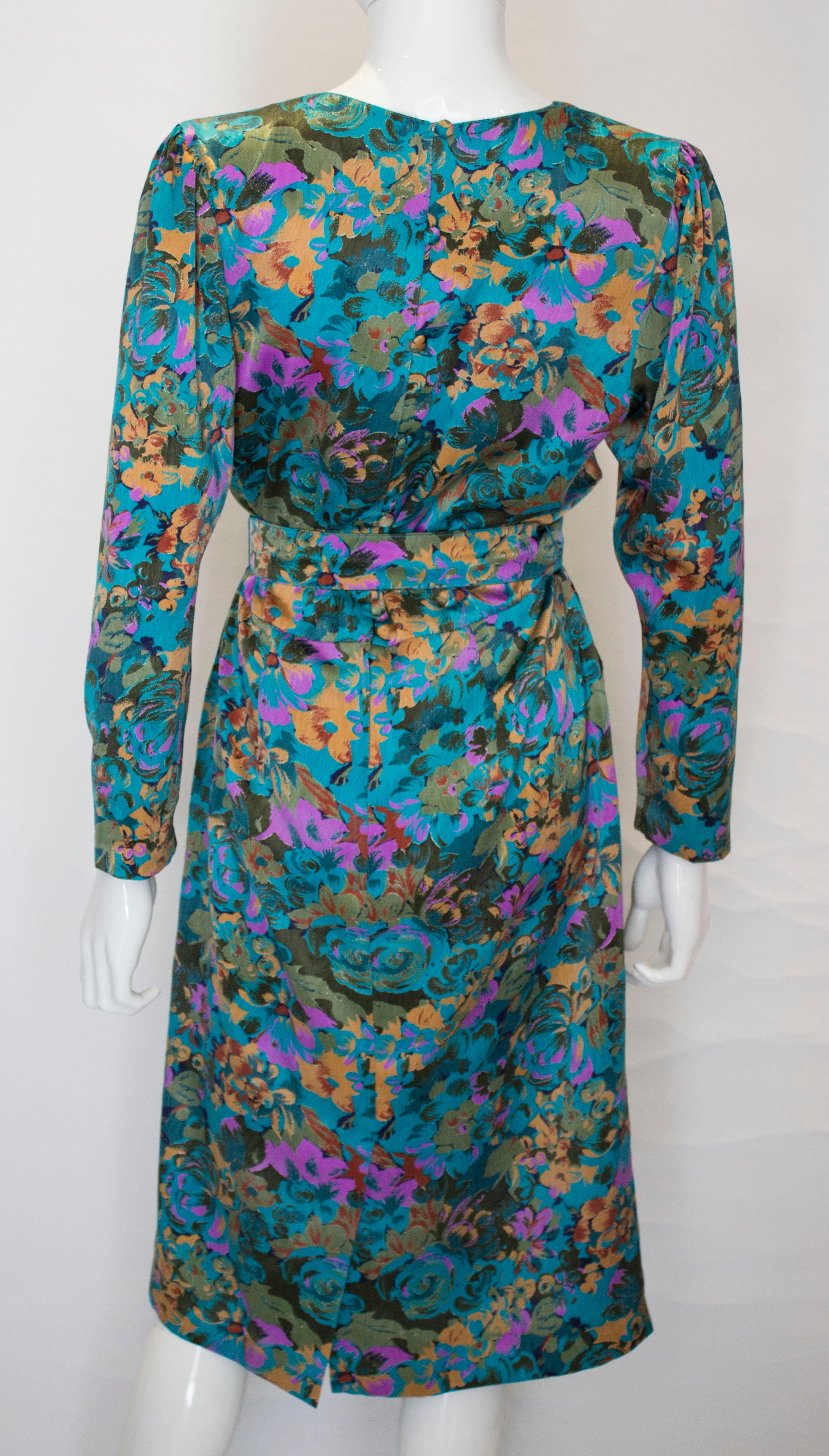 Women's Vintage Turquoise Floral Silk /Satin  Dress For Sale