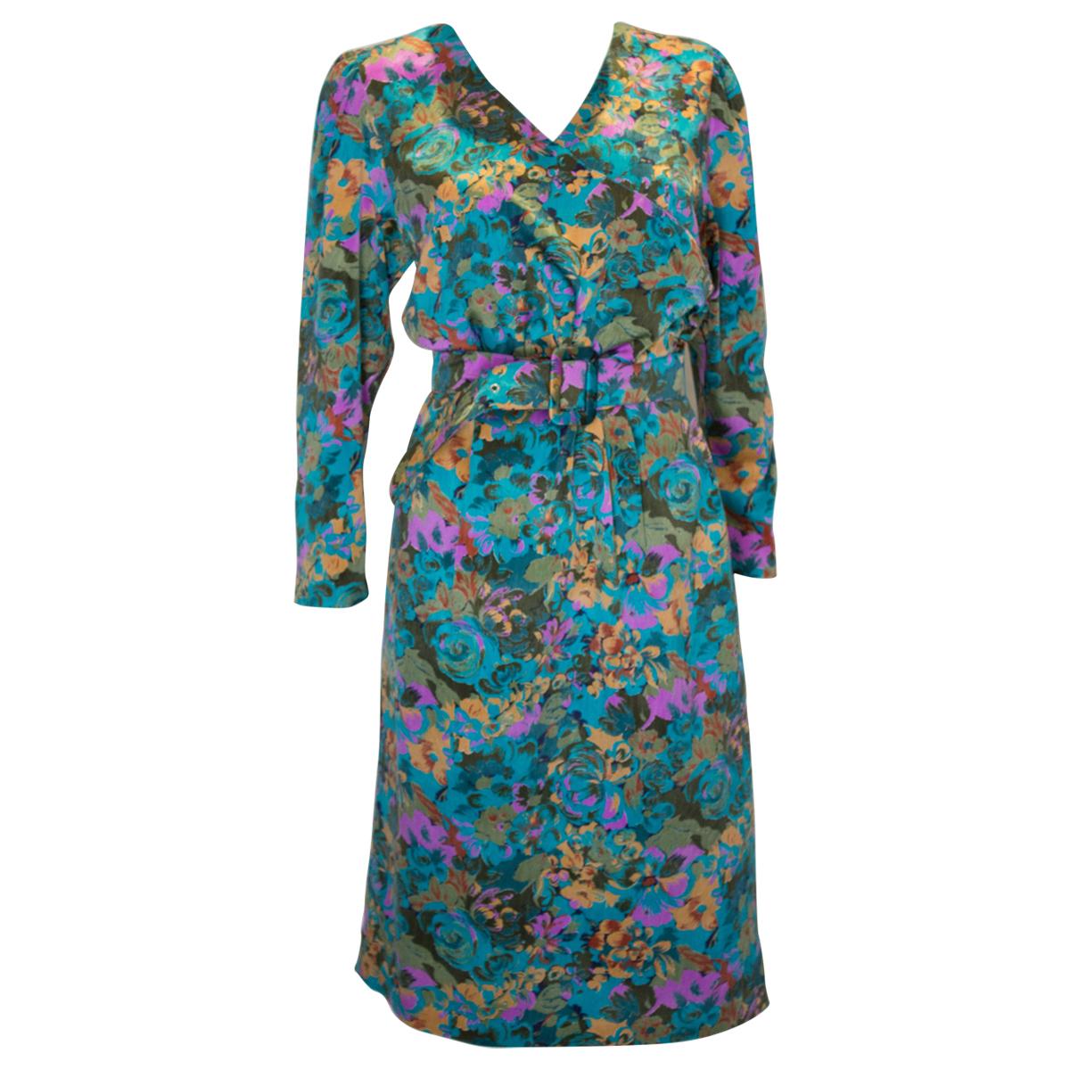 Vintage Turquoise Floral Silk /Satin  Dress For Sale