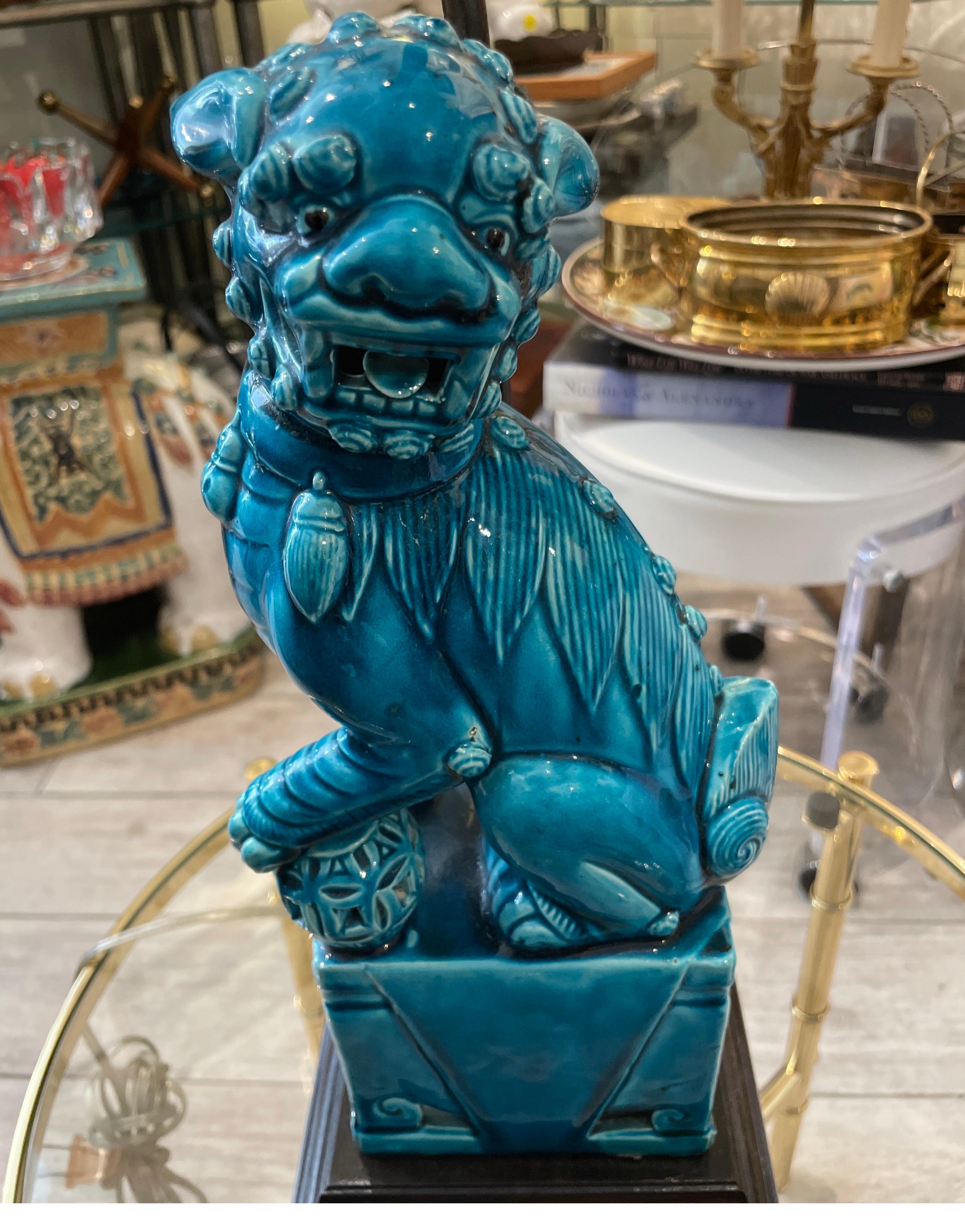 Vintage Turquoise Foo Dog Table Lamp In Good Condition In West Palm Beach, FL