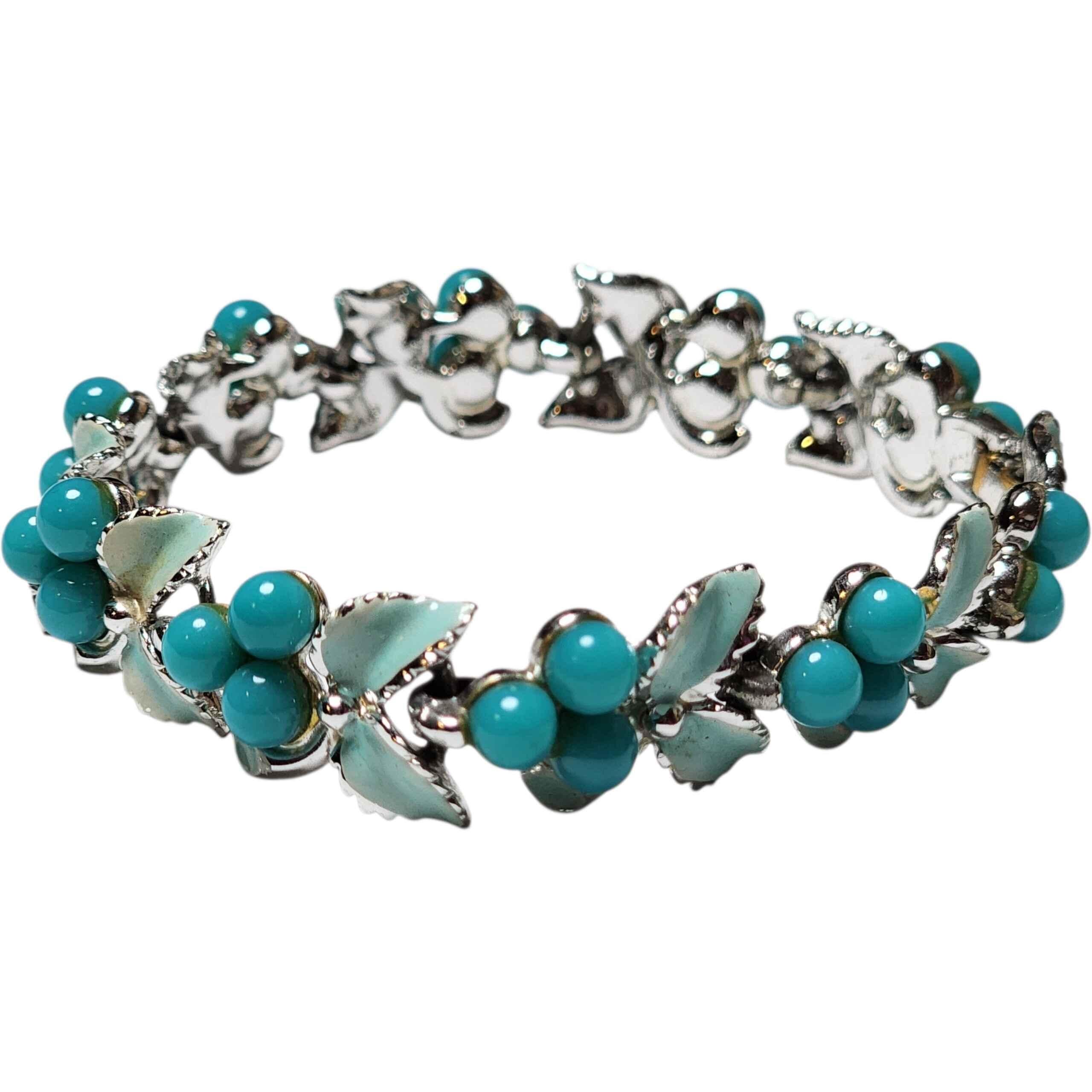 Rétro Bracciale vintage con foglie di vetro turchese e smalto, stile Lisner in argento anni '50 in vendita