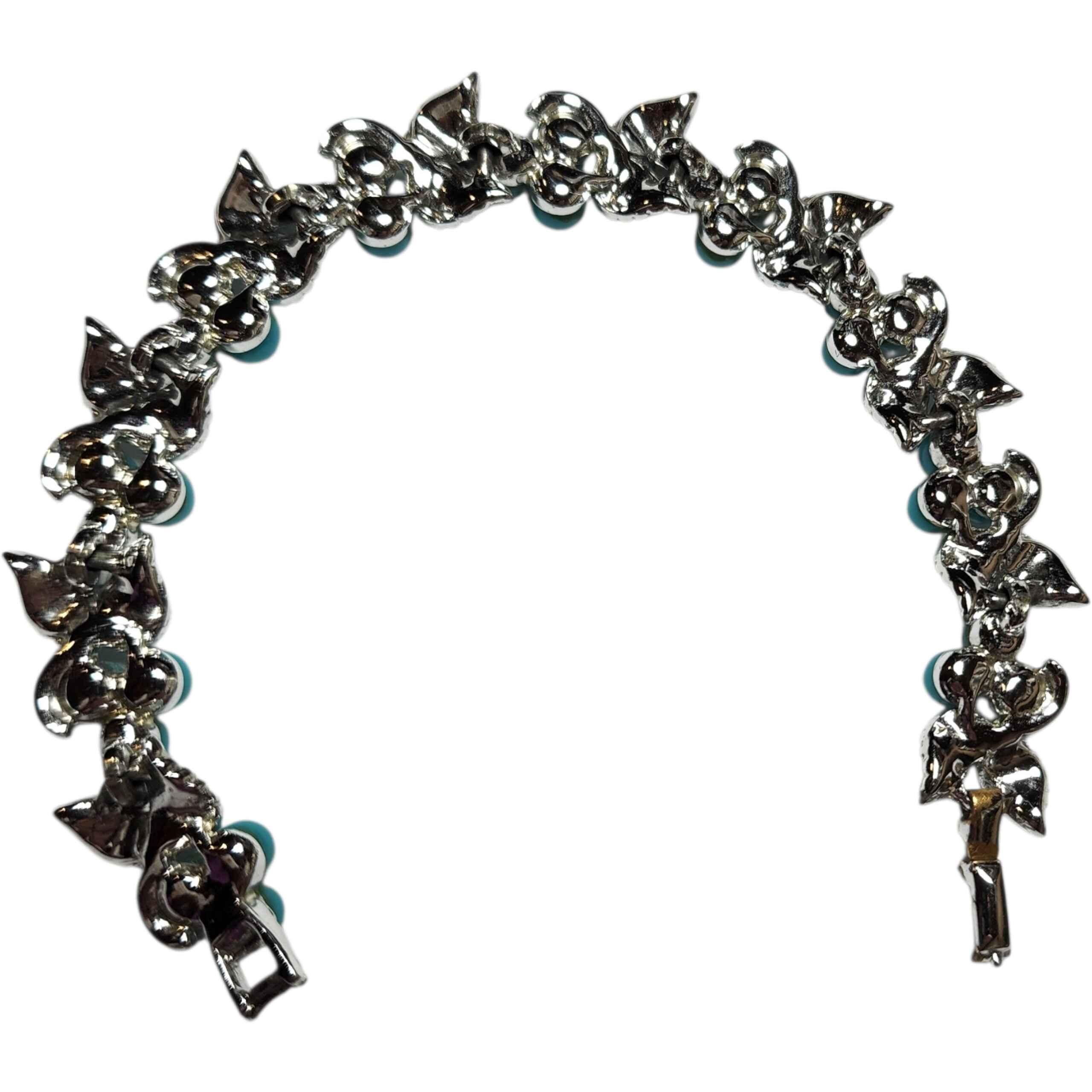 da uomo o donna Bracciale vintage con foglie di vetro turchese e smalto, stile Lisner in argento anni '50 in vendita