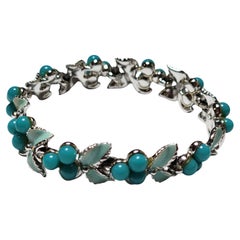 Vintage Turquoise Glass & Enamel Leaf Bracelet, Silver-Tone Lisner Style 1950s