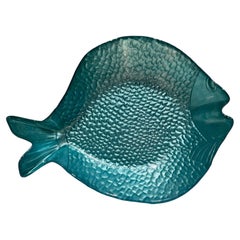 Vintage Turquoise Glass Fish Plate Mid Century Coastal Nautical Decor