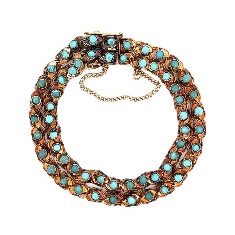 Simply Beautiful! Finely detailed Victorian Vintage Show Stopper Turquoise Double Row Gold Bracelet. Hand set with Half Bead Turquoise. Hand crafted with high-quality craftsmanship in 14K Rose Gold. Measuring approx. 7” long. More Beautiful in real