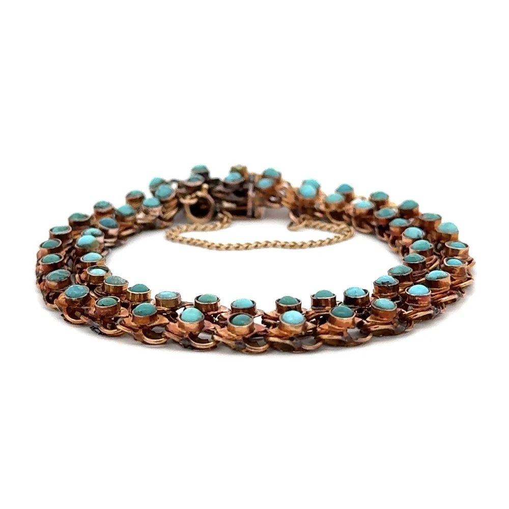 Round Cut Vintage Turquoise Half Bead Double Row Rose Gold Link Statement Bracelet For Sale