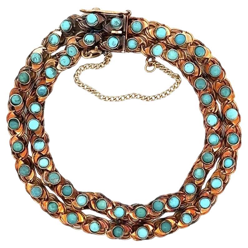 Vintage Turquoise Half Bead Double Row Rose Gold Link Statement Bracelet