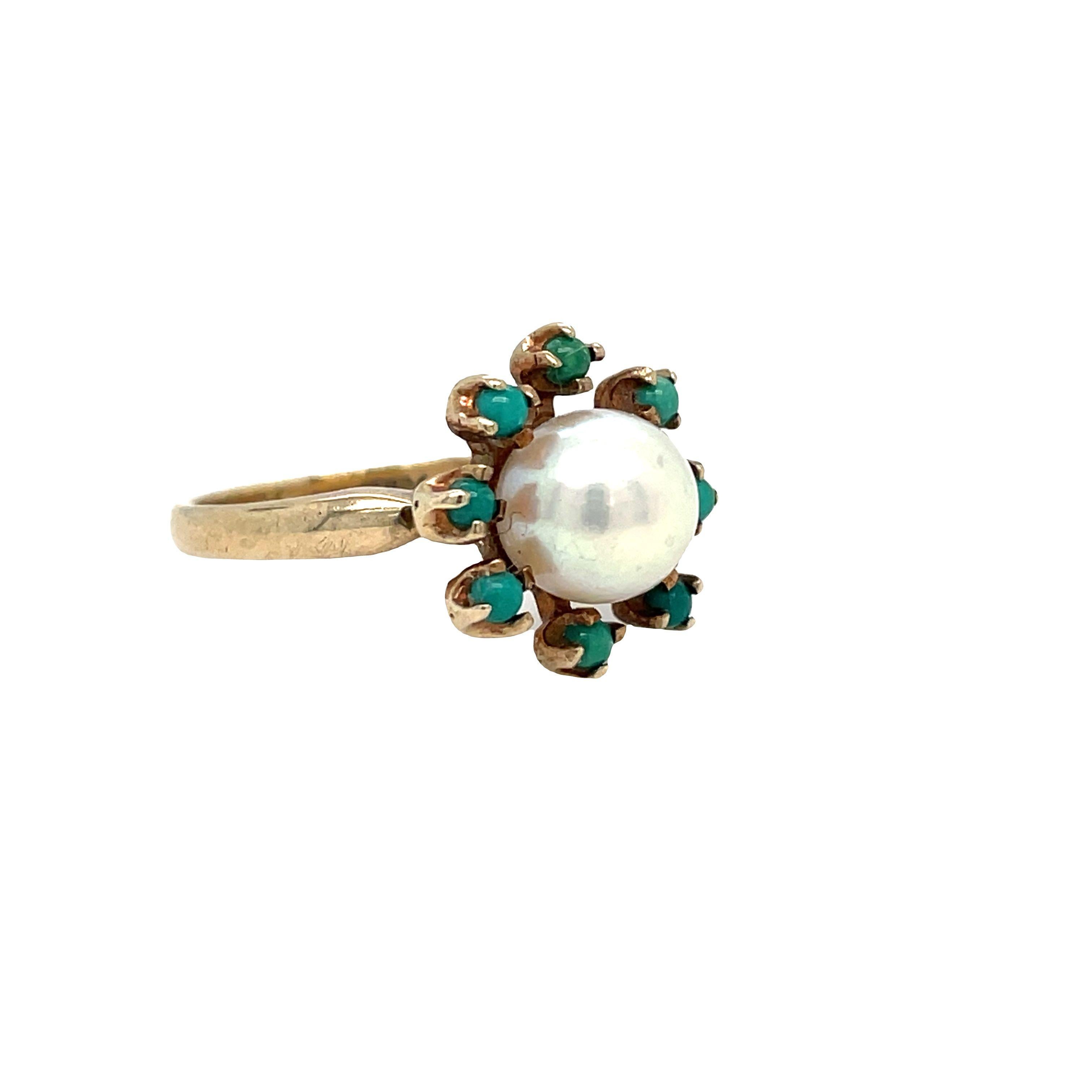 Edwardian Antique Turquoise Halo Pearl Cluster Ring in 10k Yellow Gold For Sale
