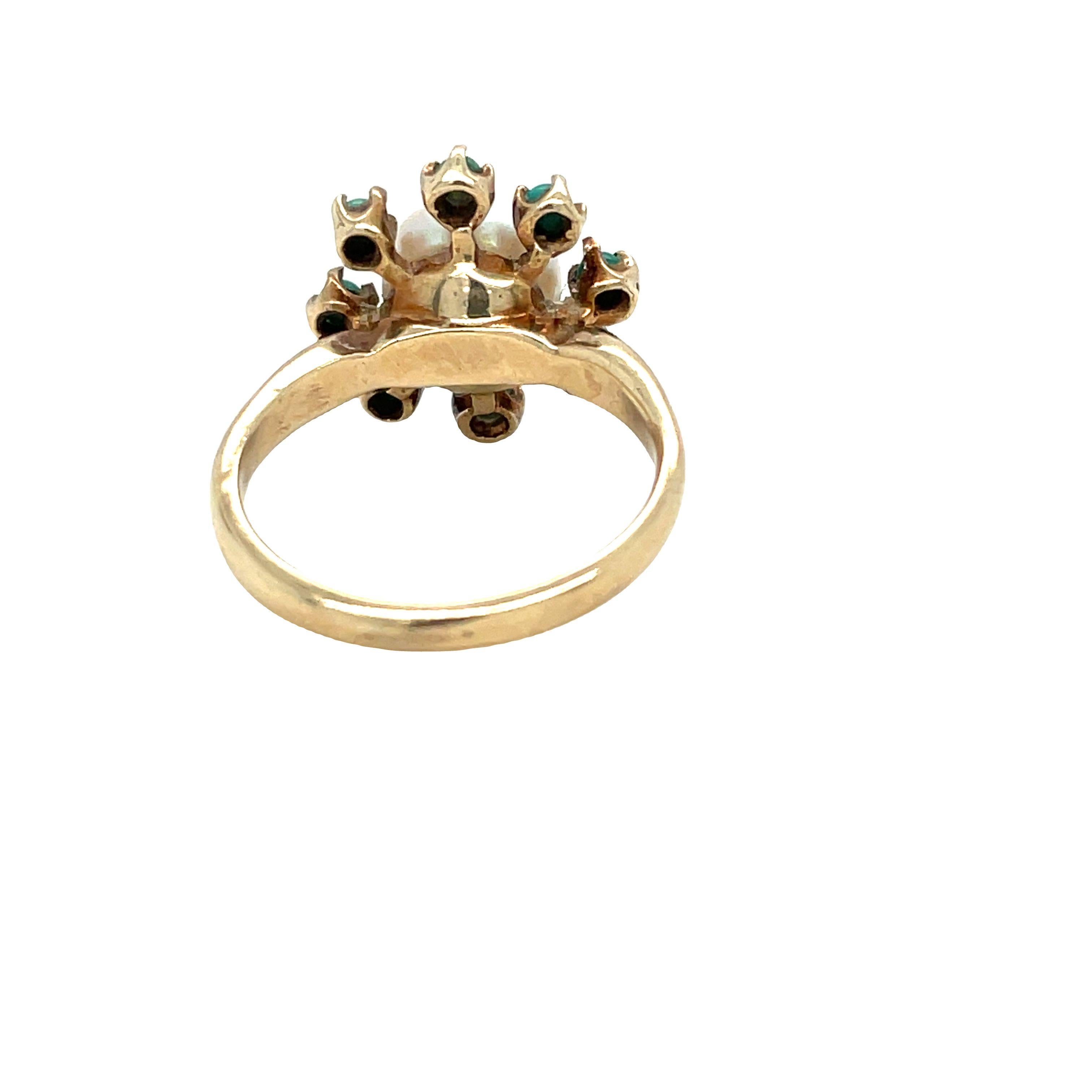 Round Cut Antique Turquoise Halo Pearl Cluster Ring in 10k Yellow Gold For Sale