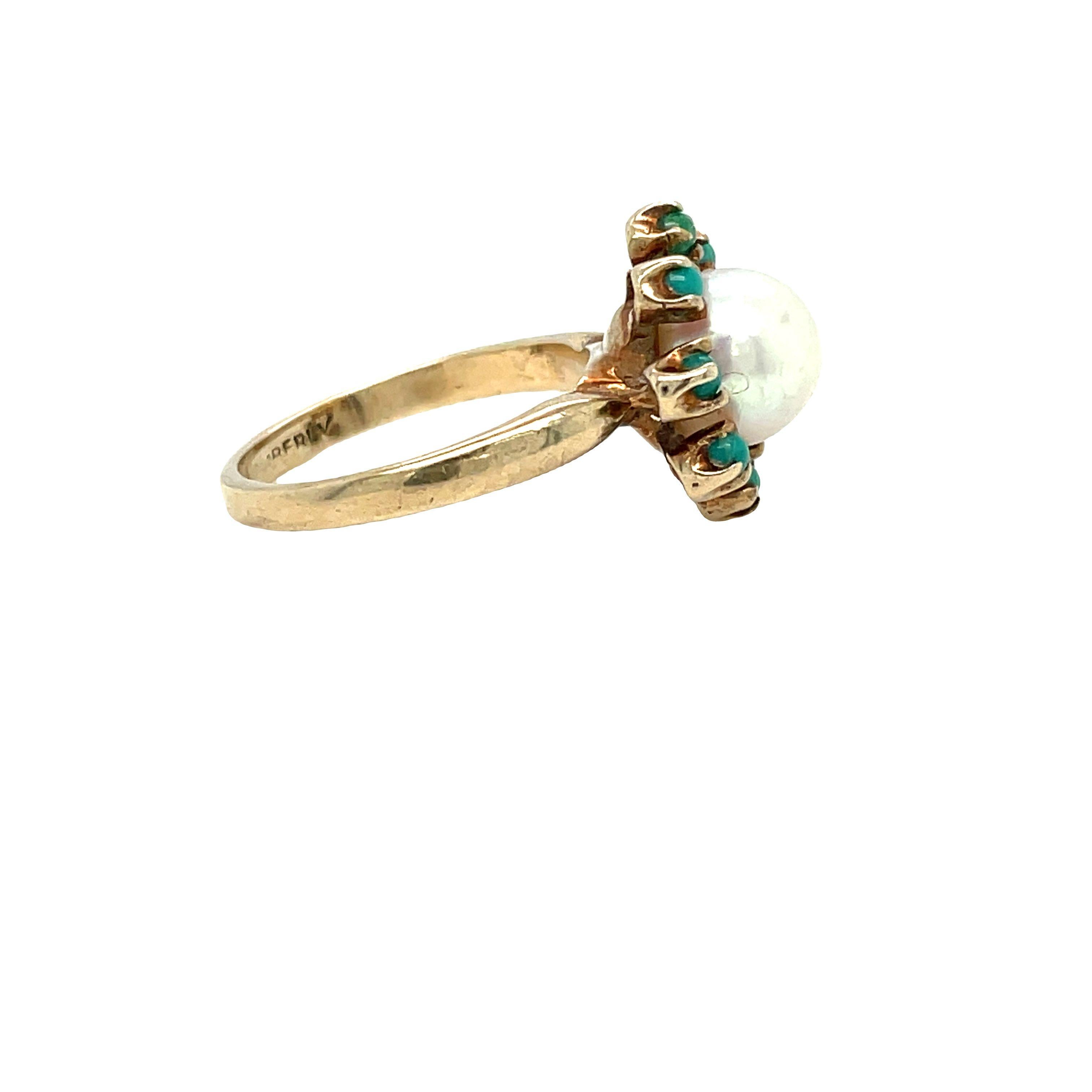 Antique Turquoise Halo Pearl Cluster Ring in 10k Yellow Gold In Good Condition For Sale In beverly hills, CA