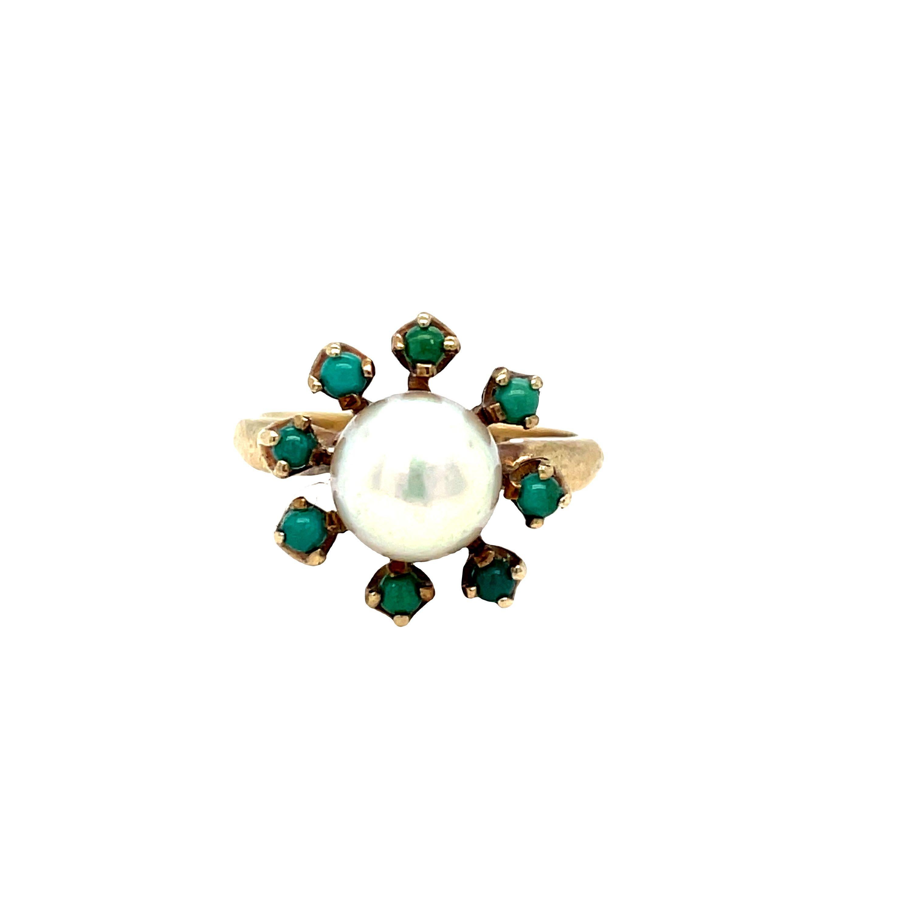 Women's Antique Turquoise Halo Pearl Cluster Ring in 10k Yellow Gold For Sale