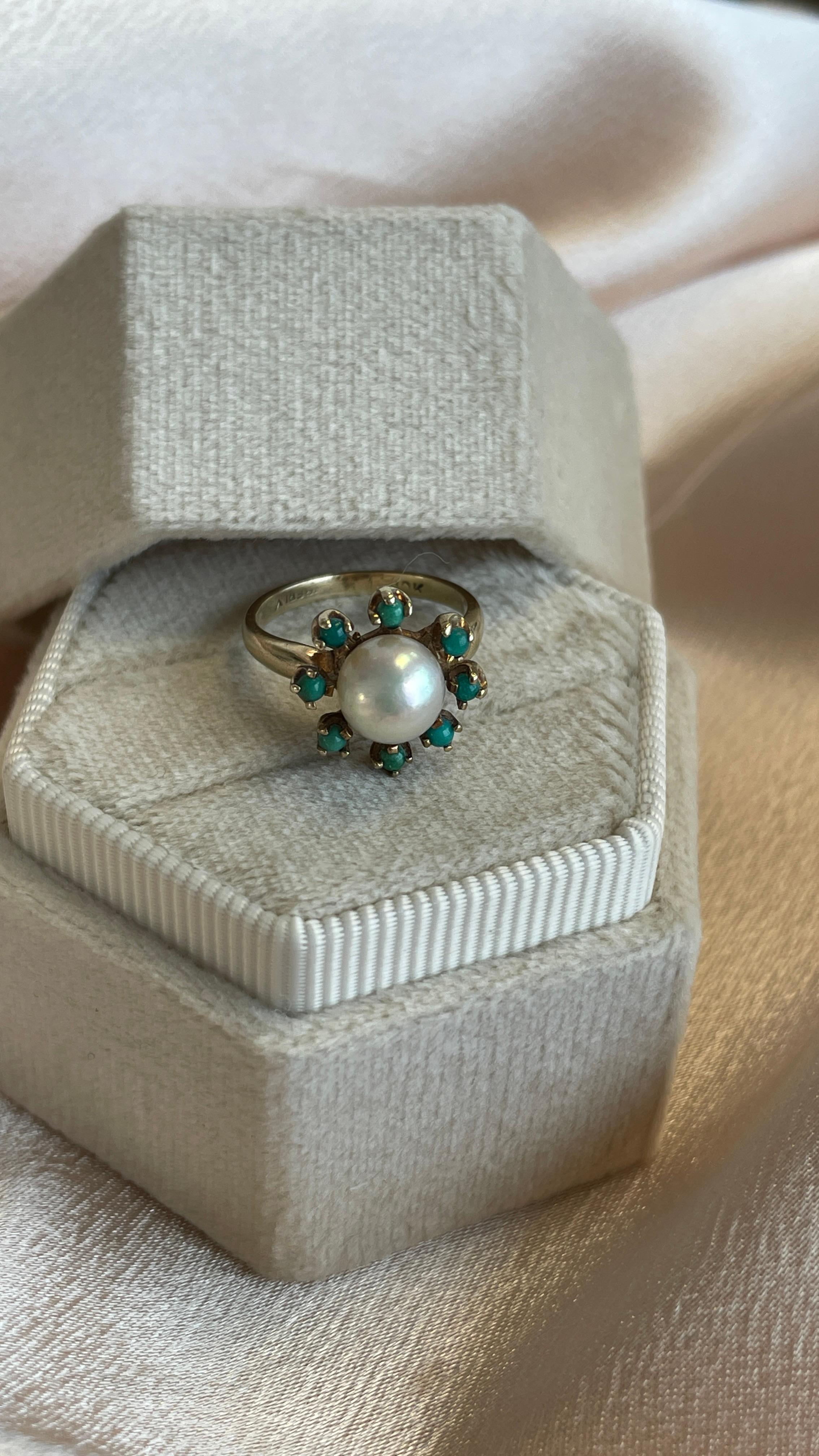 Antique Turquoise Halo Pearl Cluster Ring in 10k Yellow Gold For Sale 1